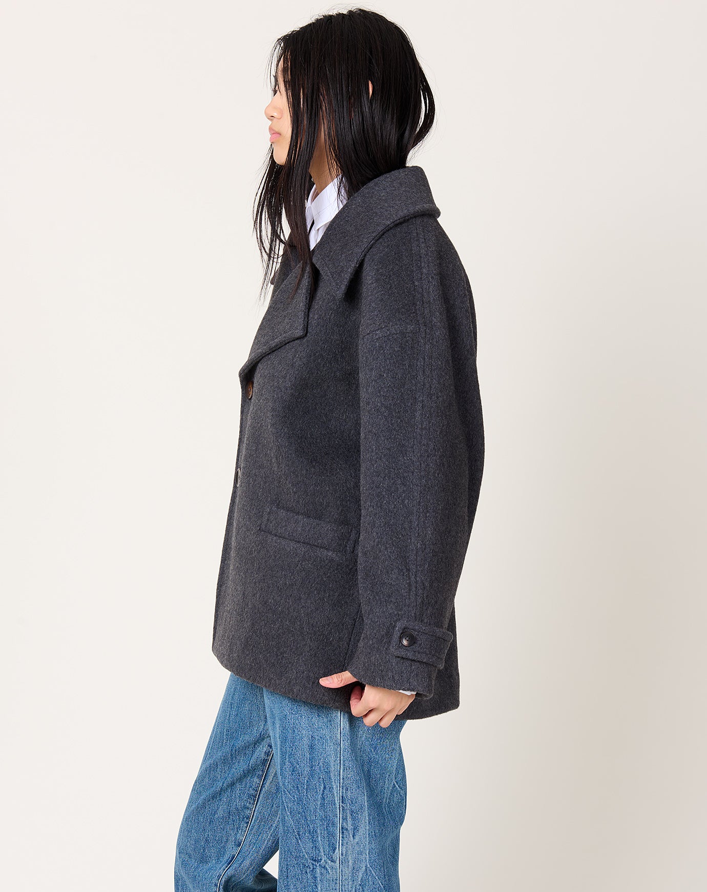 7115 by Szeki Double Breasted Short Wool Coat in Charcoal