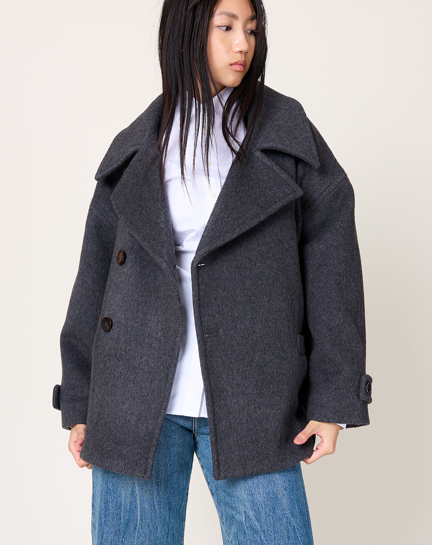 7115 by Szeki Double Breasted Short Wool Coat in Charcoal