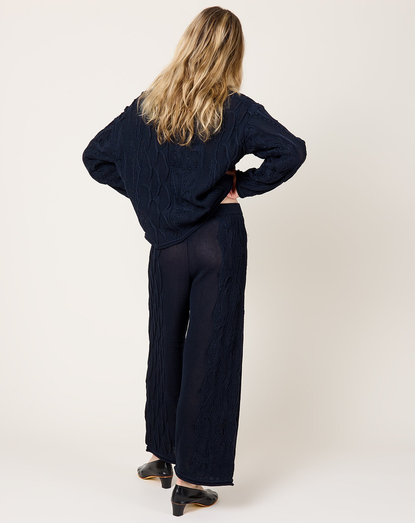 Black Crane Cable Knit Pants in Dark Navy