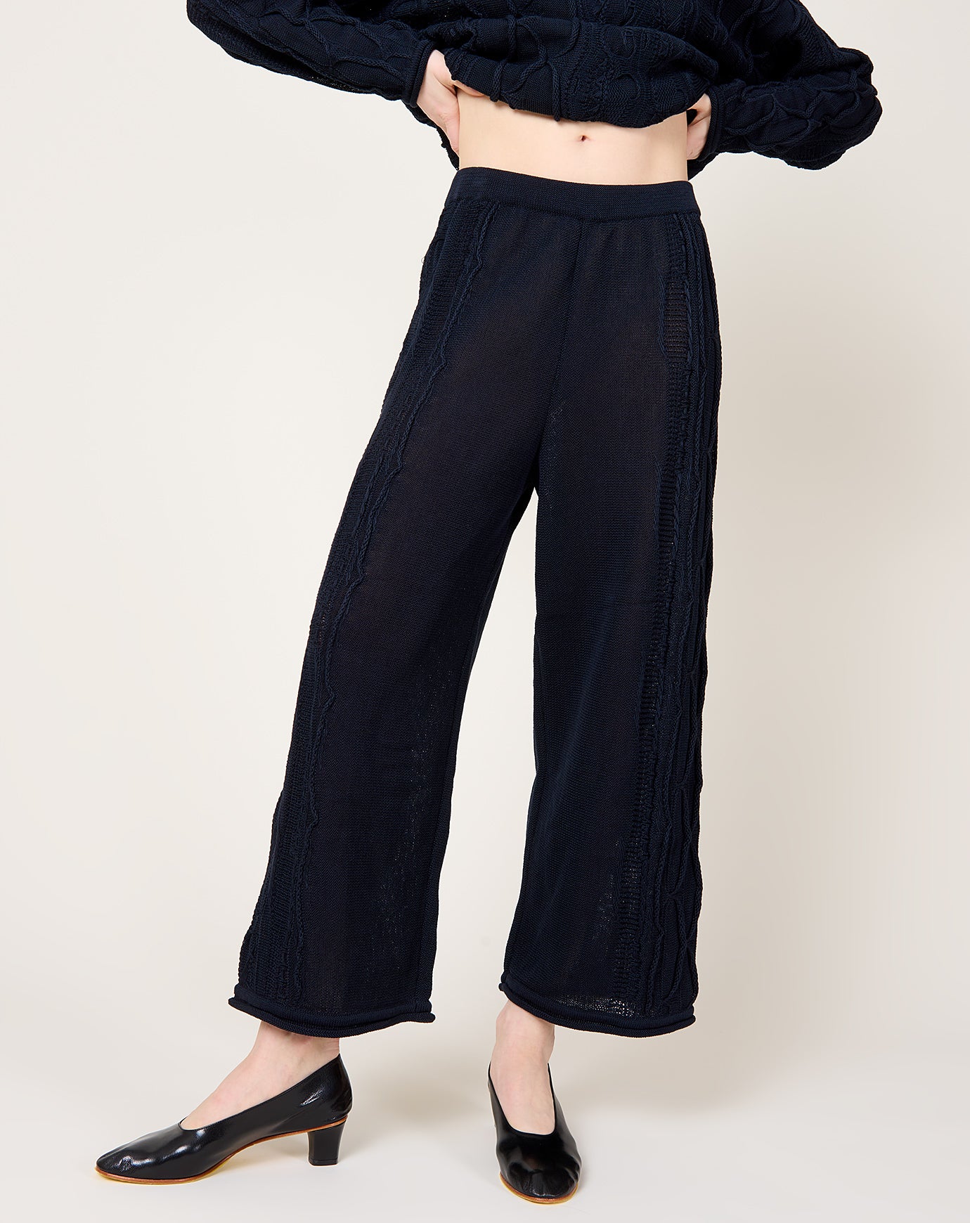 Black Crane Cable Knit Pants in Dark Navy