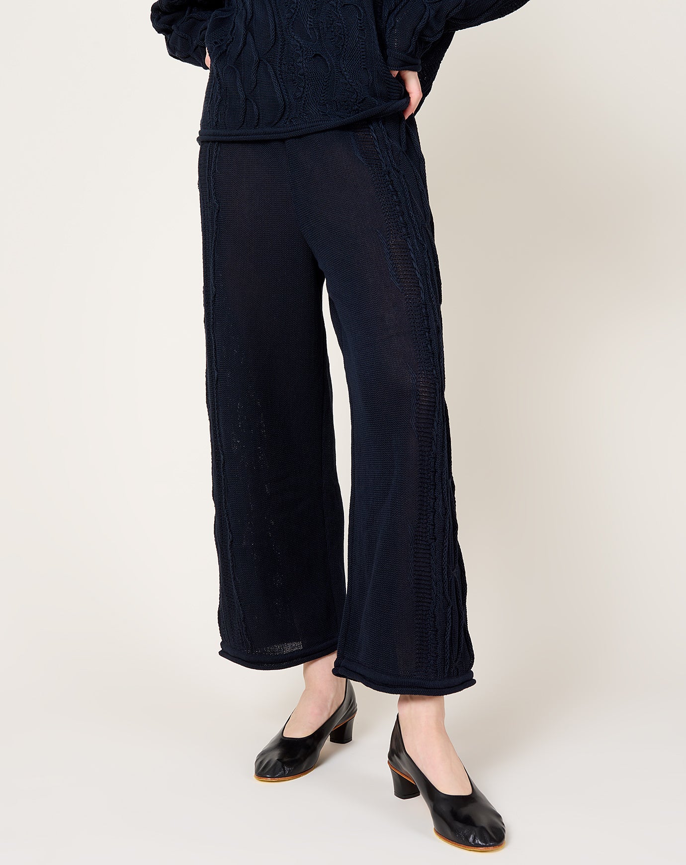 Black Crane Cable Knit Pants in Dark Navy