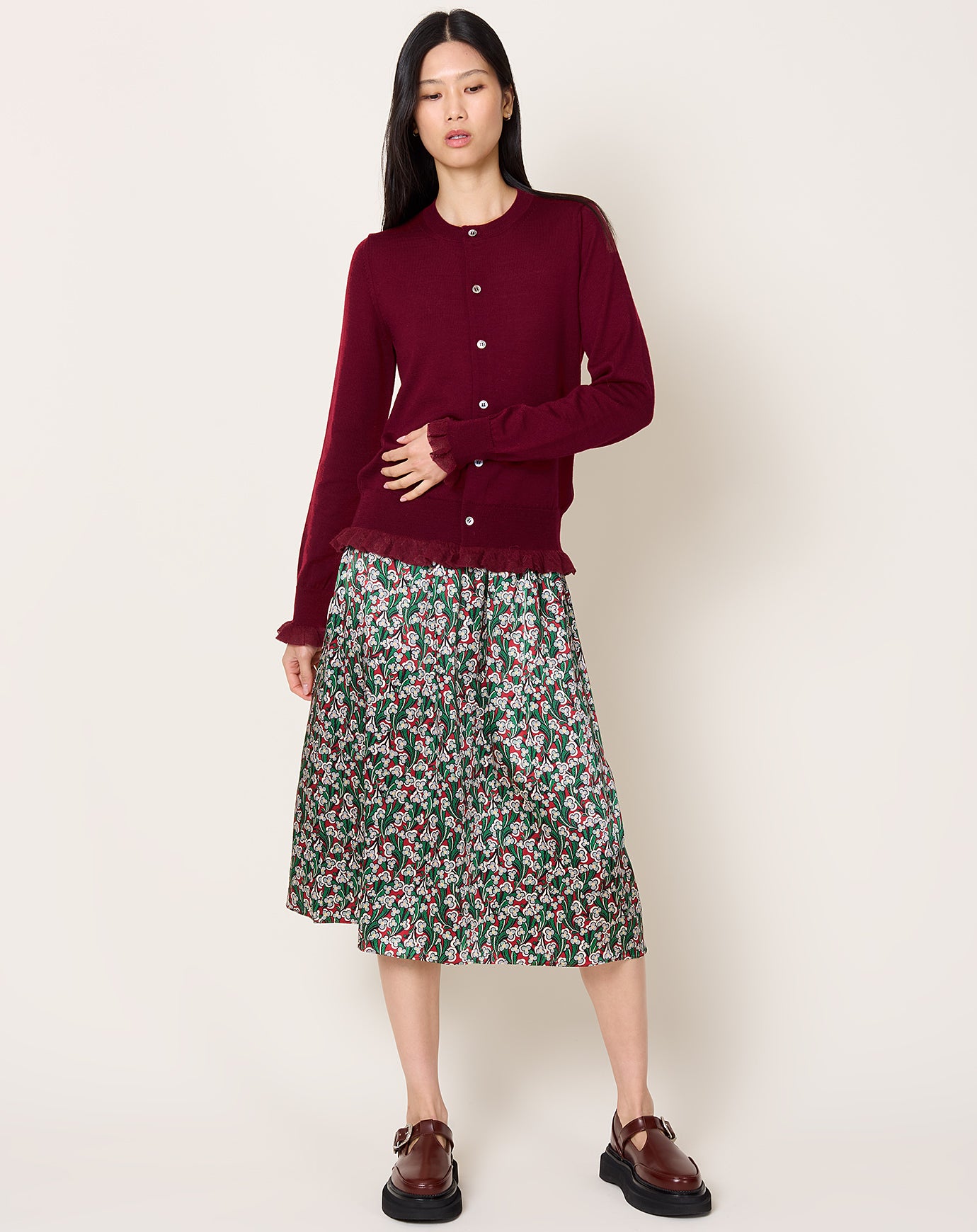 Comme des Garçons Comme des Garçons Gauze Trim Cardigan in Burgundy