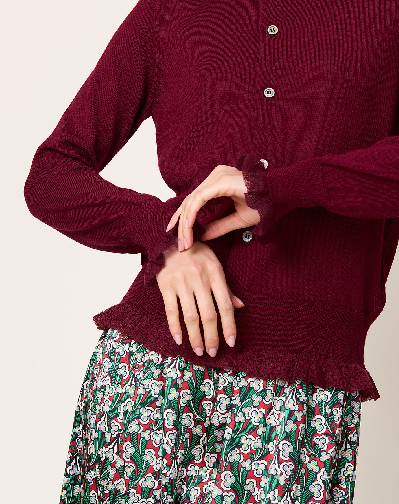 Comme des Garçons Comme des Garçons Gauze Trim Cardigan in Burgundy