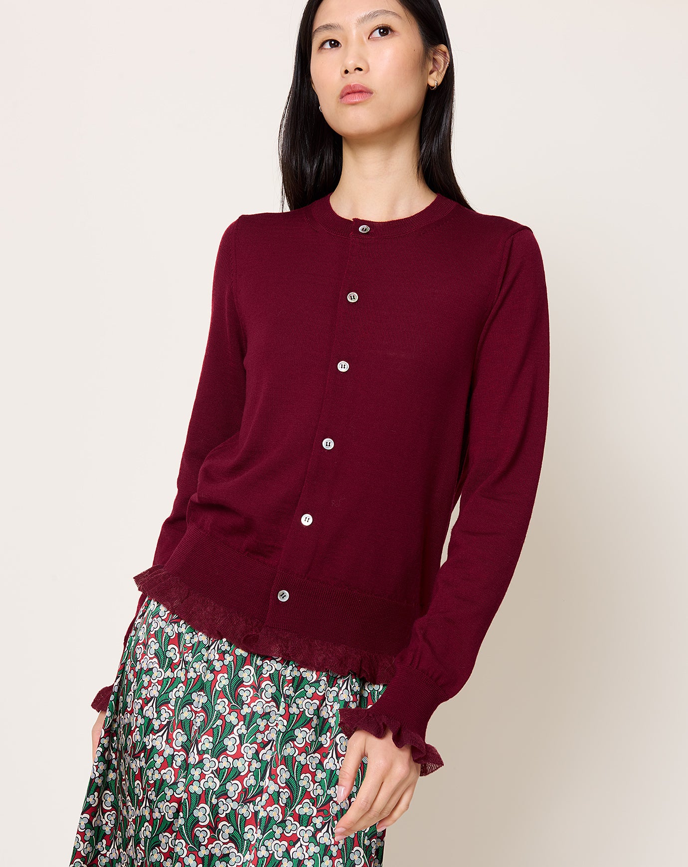Comme des Garçons Comme des Garçons Gauze Trim Cardigan in Burgundy