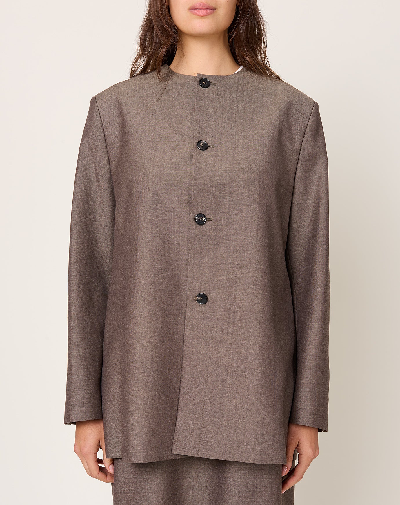 Cordera Round Neck Mohair Blazer in Smoke Brown
