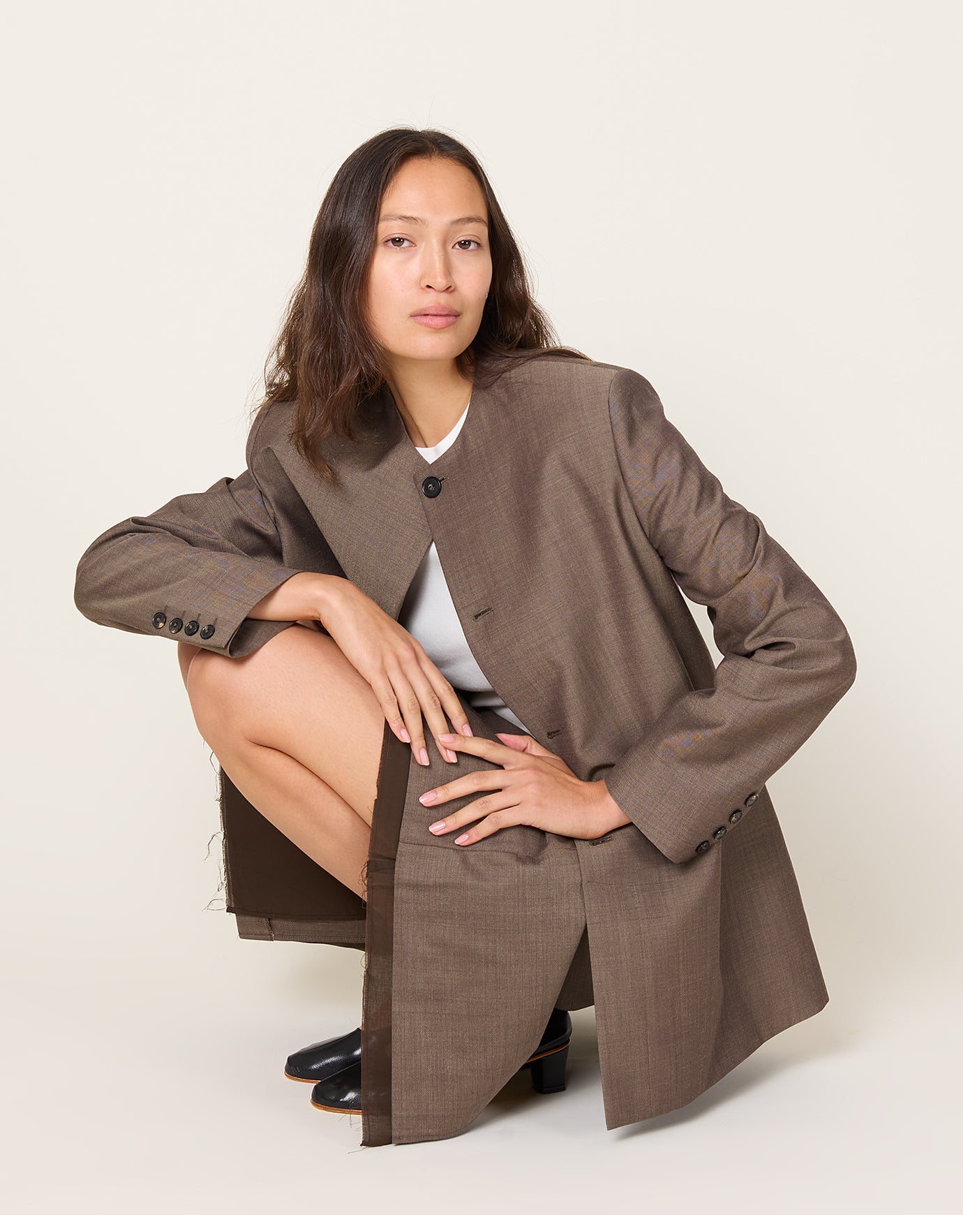 Cordera Round Neck Mohair Blazer in Smoke Brown