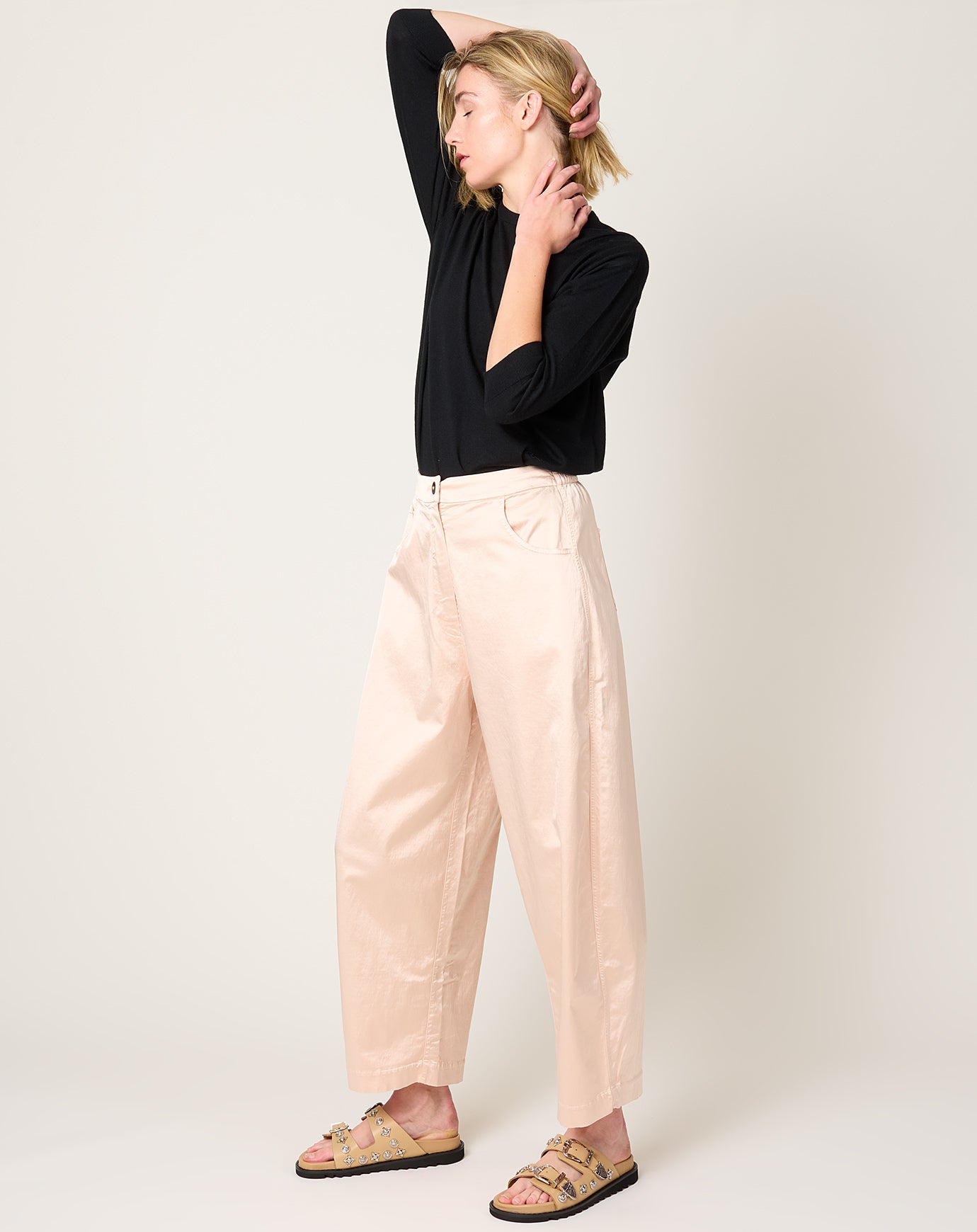 Cordera Satin Curved Pants in Peach