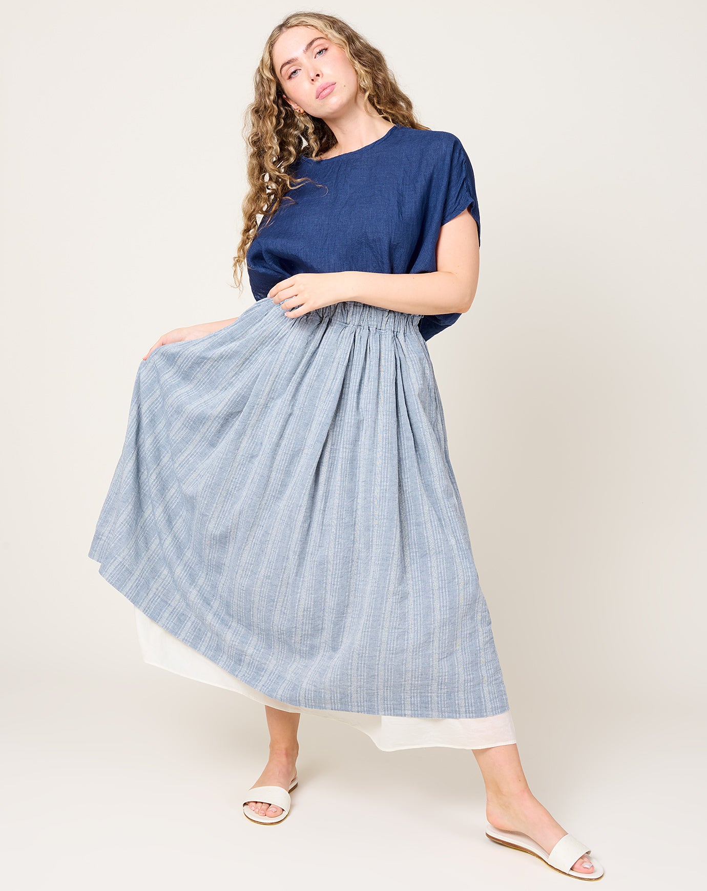 Ichi Antiquités Dobby Stripe Skirt in Blue