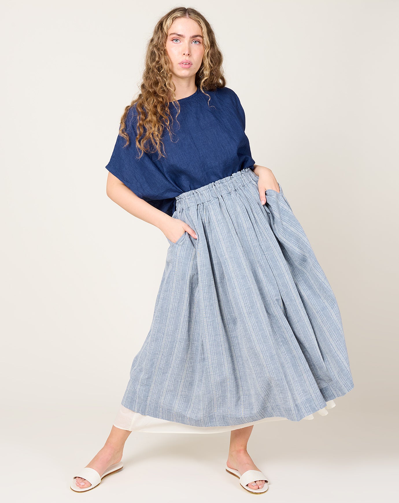 Ichi Antiquités Dobby Stripe Skirt in Blue