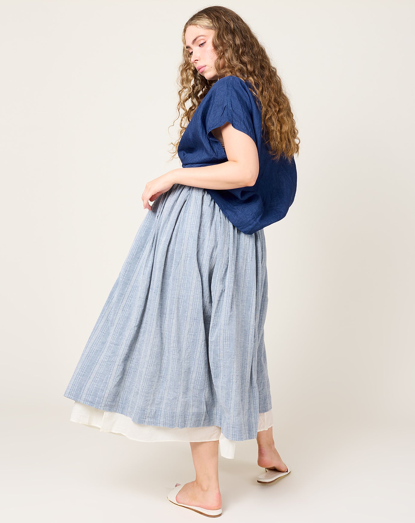 Ichi Antiquités Dobby Stripe Skirt in Blue