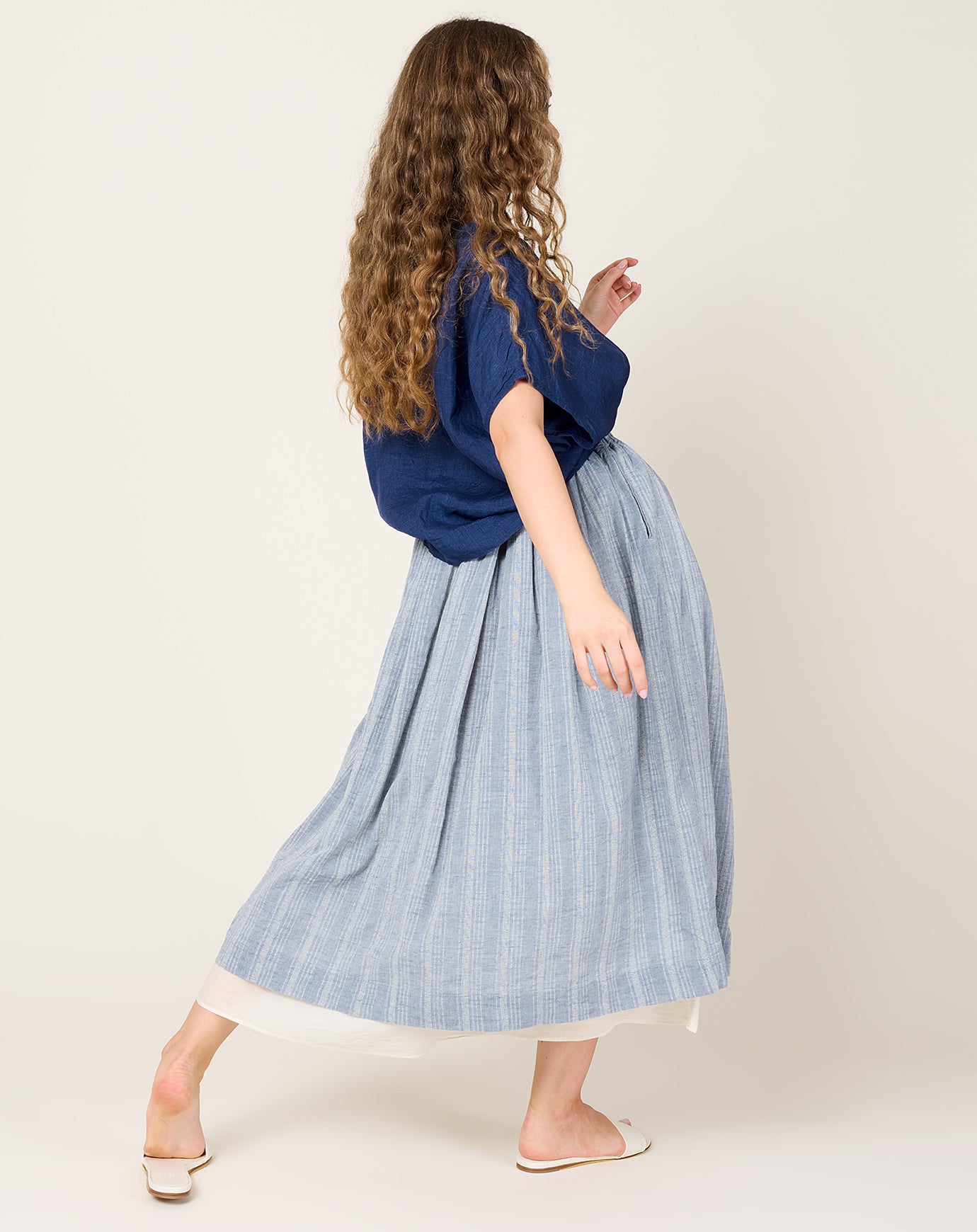 Ichi Antiquités Dobby Stripe Skirt in Blue