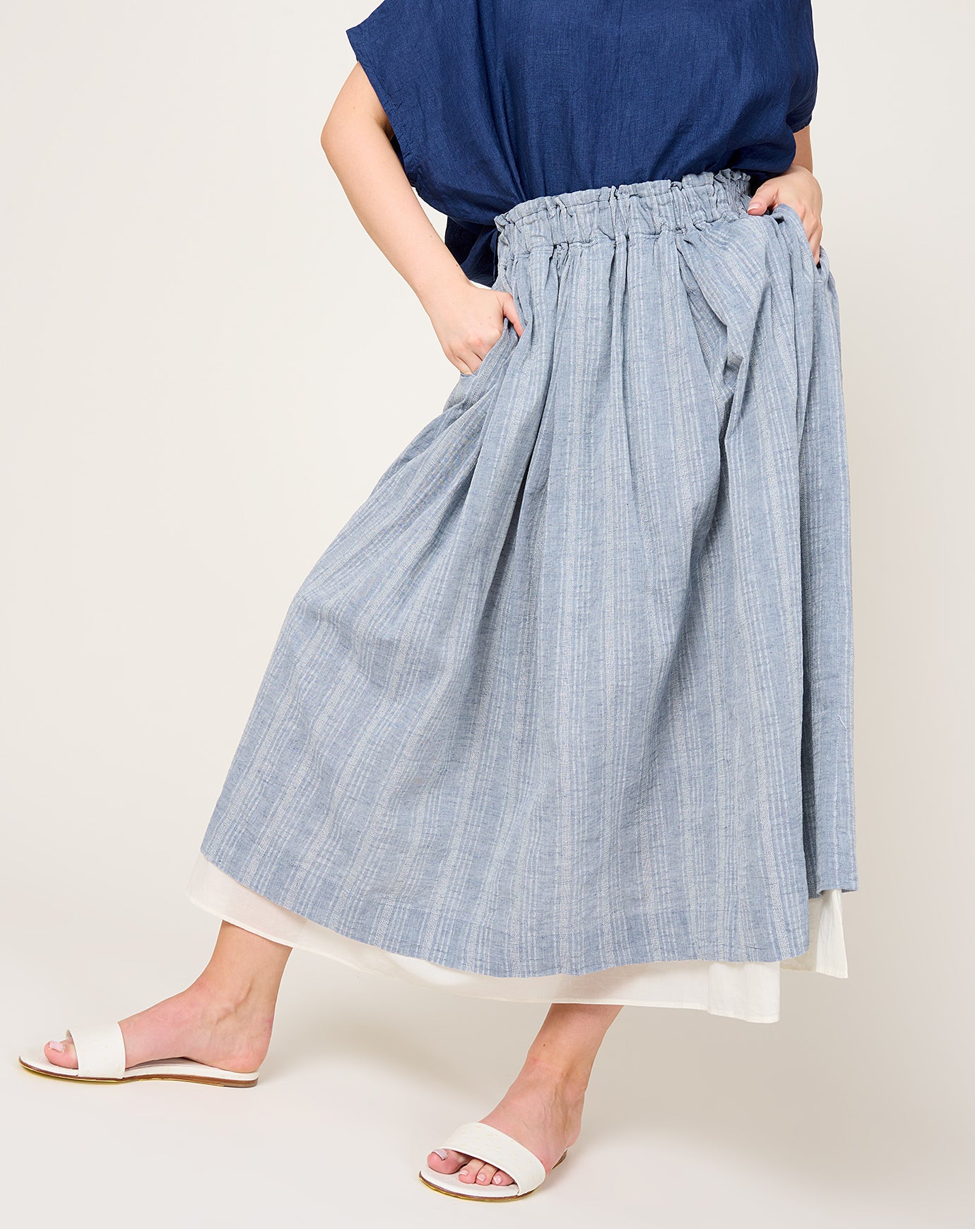 Ichi Antiquités Dobby Stripe Skirt in Blue