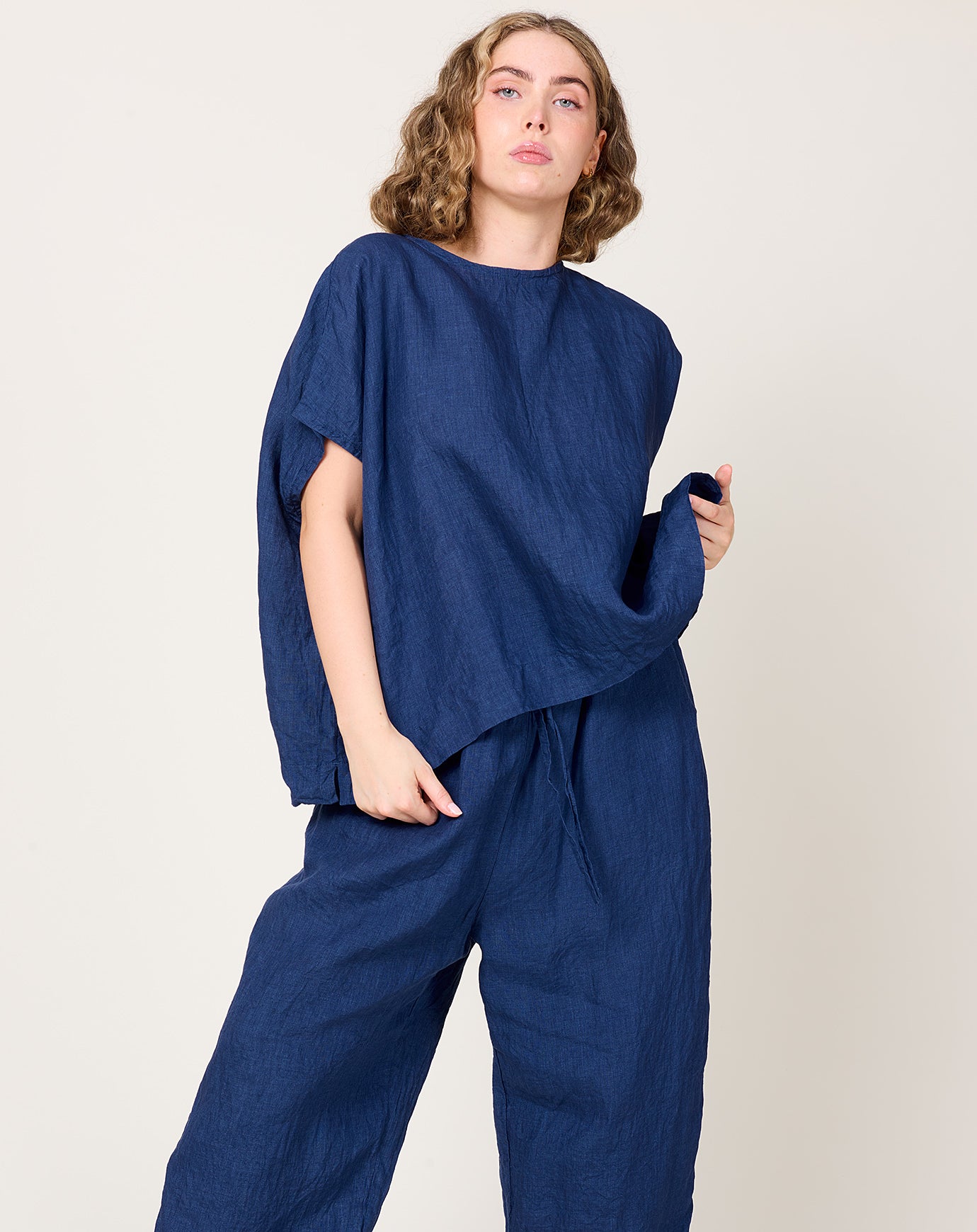 Ichi Antiquités Indigo Linen Pullover Blouse