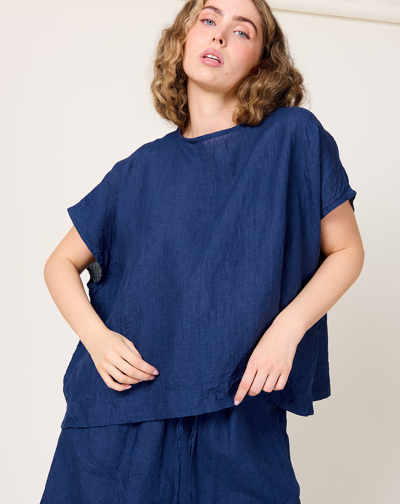 Ichi Antiquités Indigo Linen Pullover Blouse