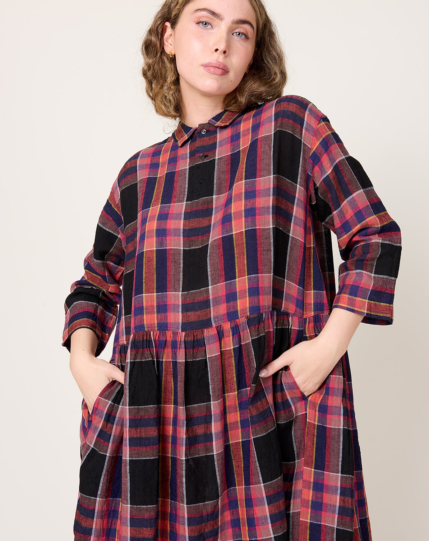 Ichi Antiquités Linen Check Dress in Black