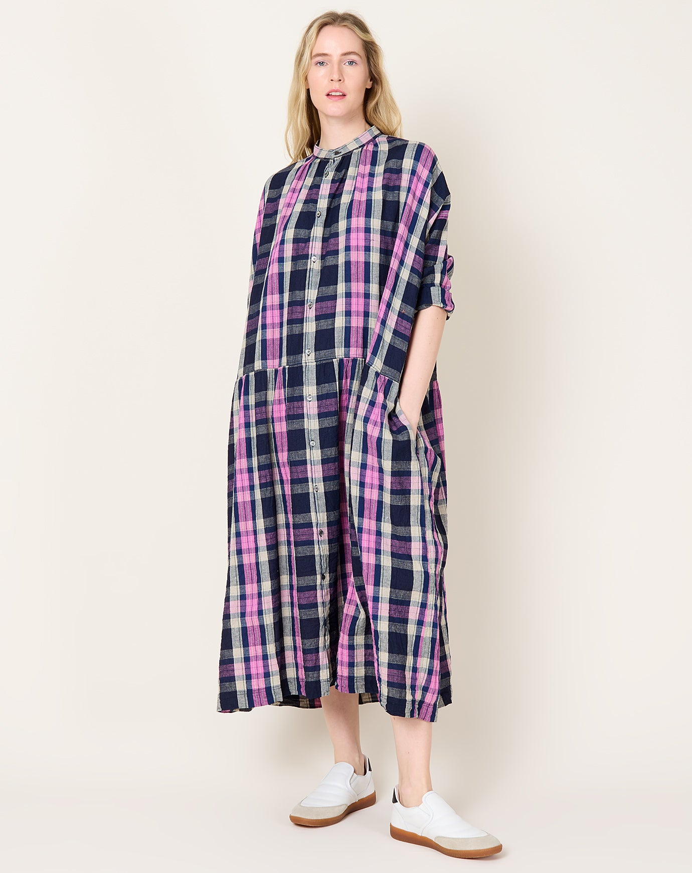Ichi Antiquités L/C Tartan Dress in Indigo