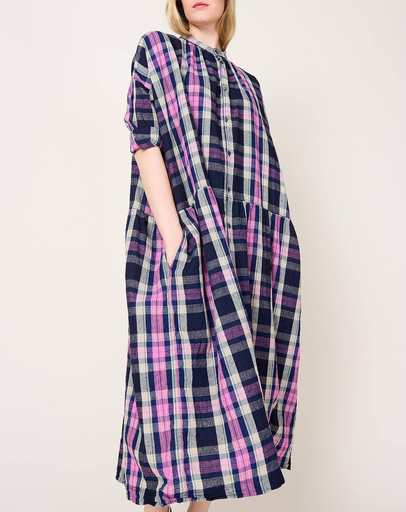 Ichi Antiquités L/C Tartan Dress in Indigo