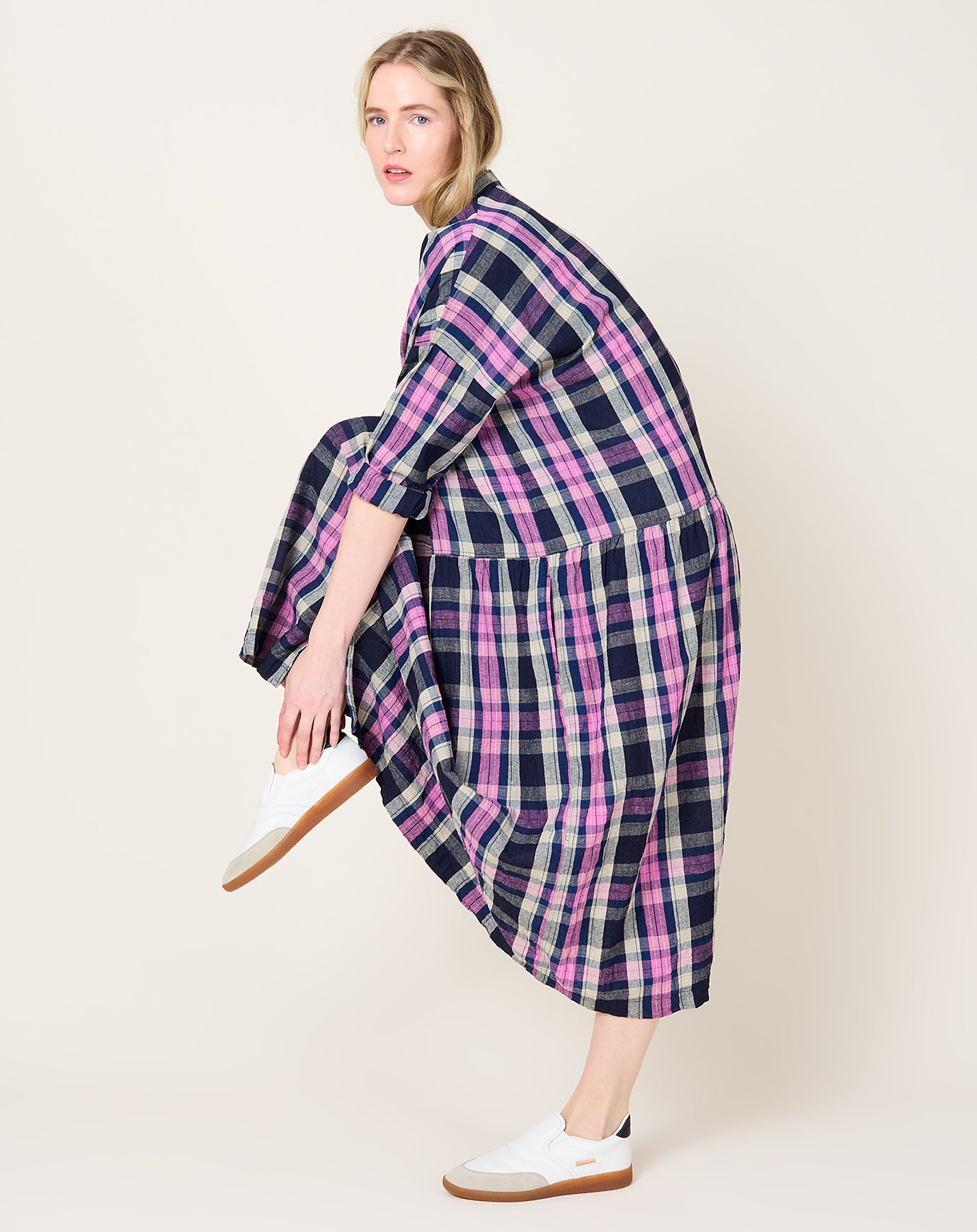Ichi Antiquités L/C Tartan Dress in Indigo