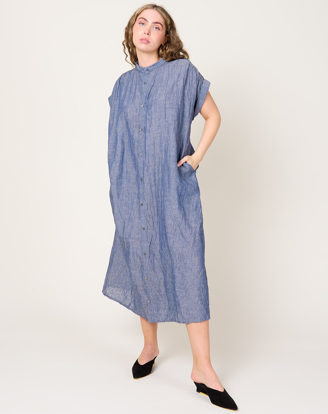 Ichi Antiquités Linen Dungaree Dress in Blue