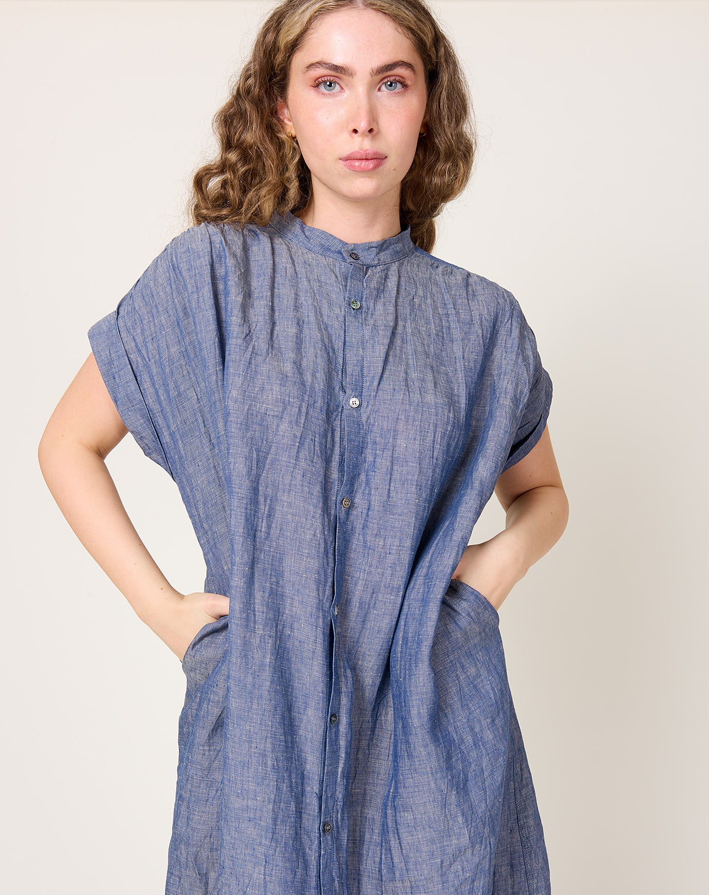 Ichi Antiquités Linen Dungaree Dress in Blue