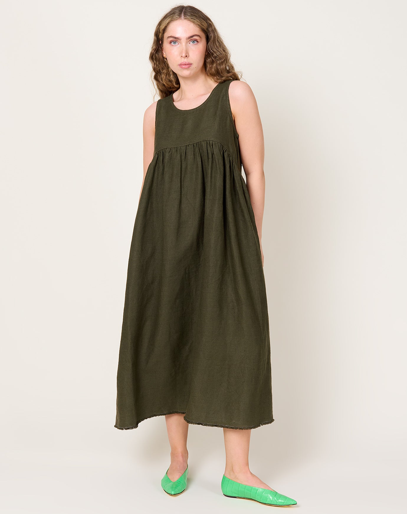 Ichi Antiquités Twill Weave Linen Dress in Khaki