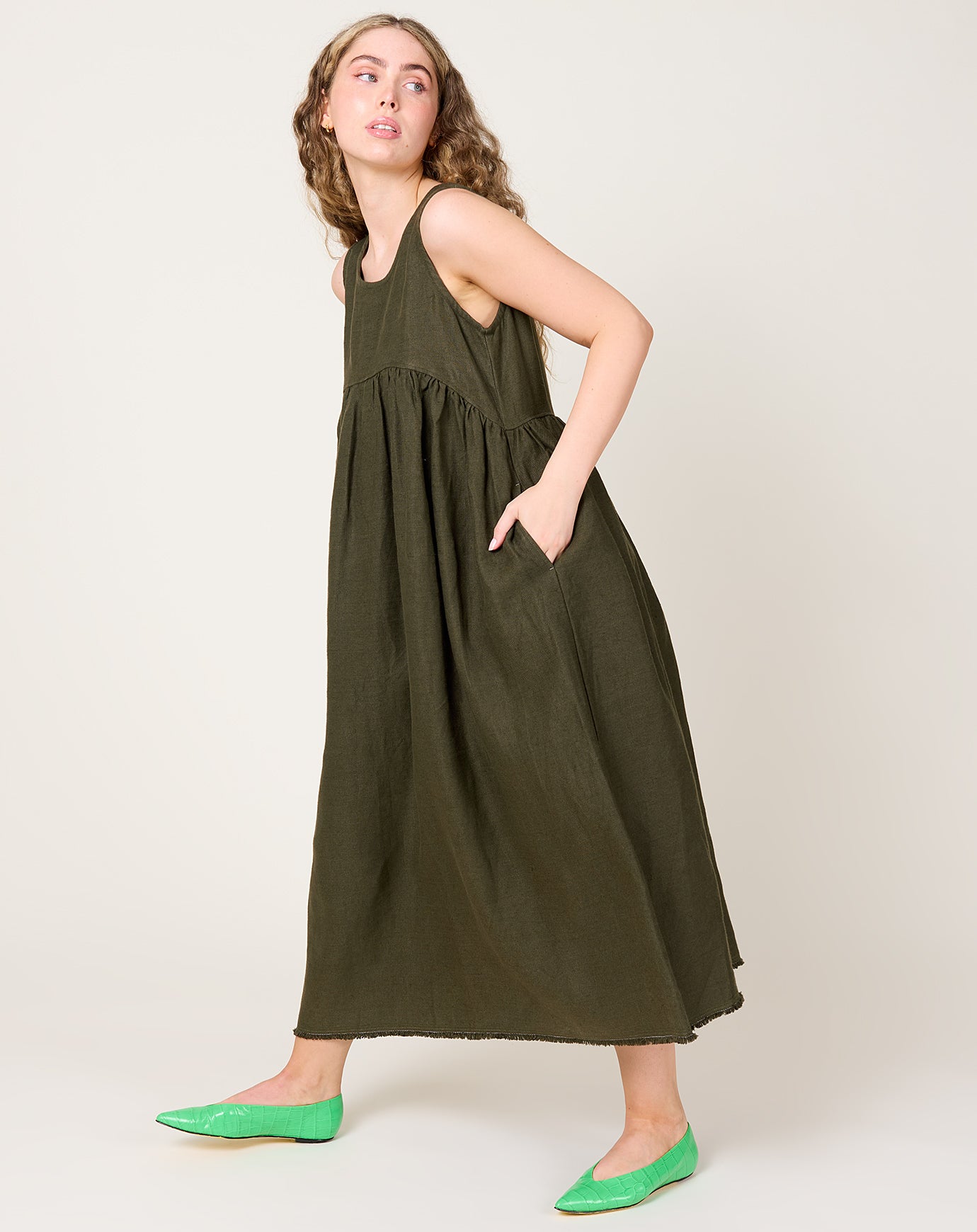 Ichi Antiquités Twill Weave Linen Dress in Khaki