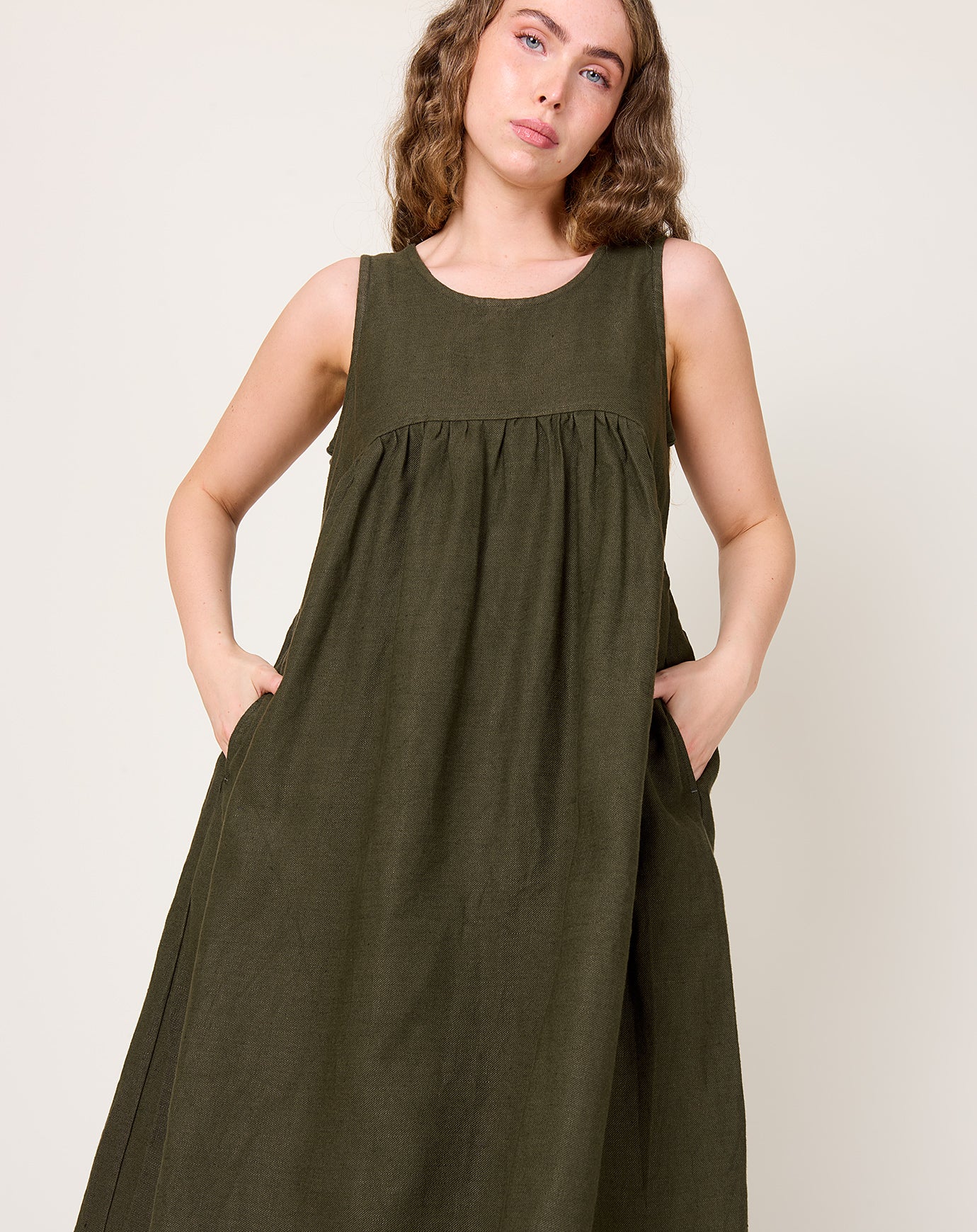 Ichi Antiquités Twill Weave Linen Dress in Khaki