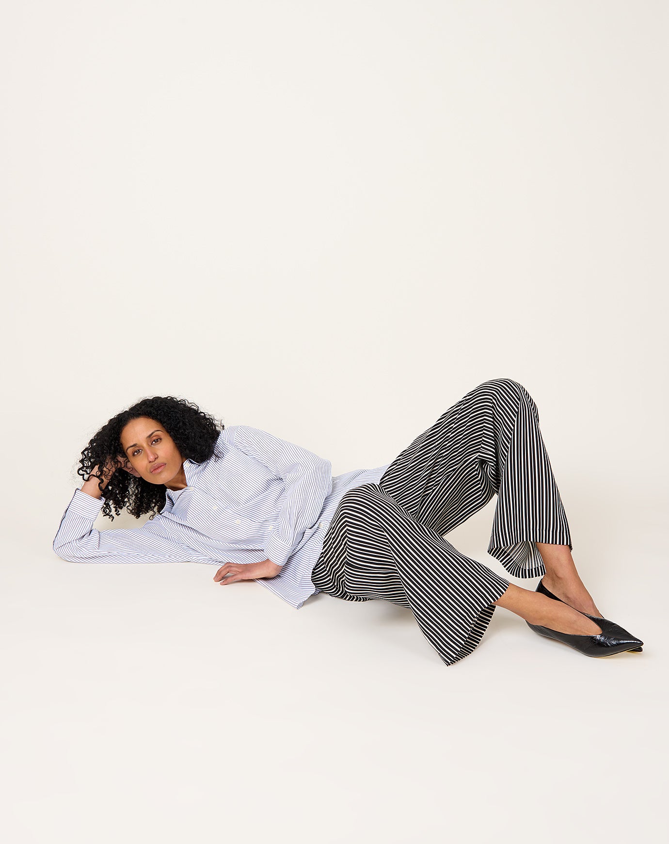 Maria McManus Flap Pocket Pleat Pant in Black & White Awning Stripe