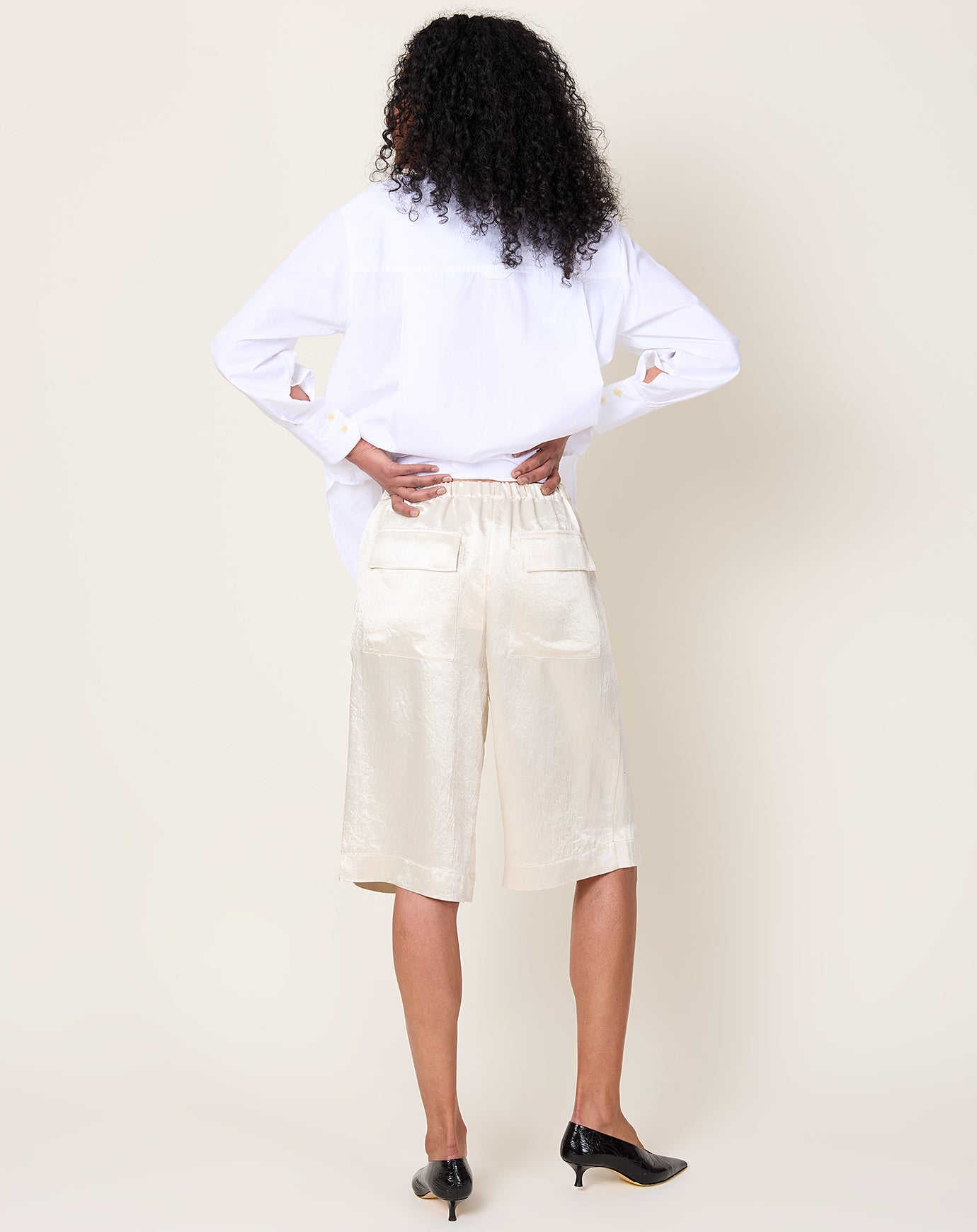 Maria McManus Flap Pocket Basketball Short in Glossy Champagne