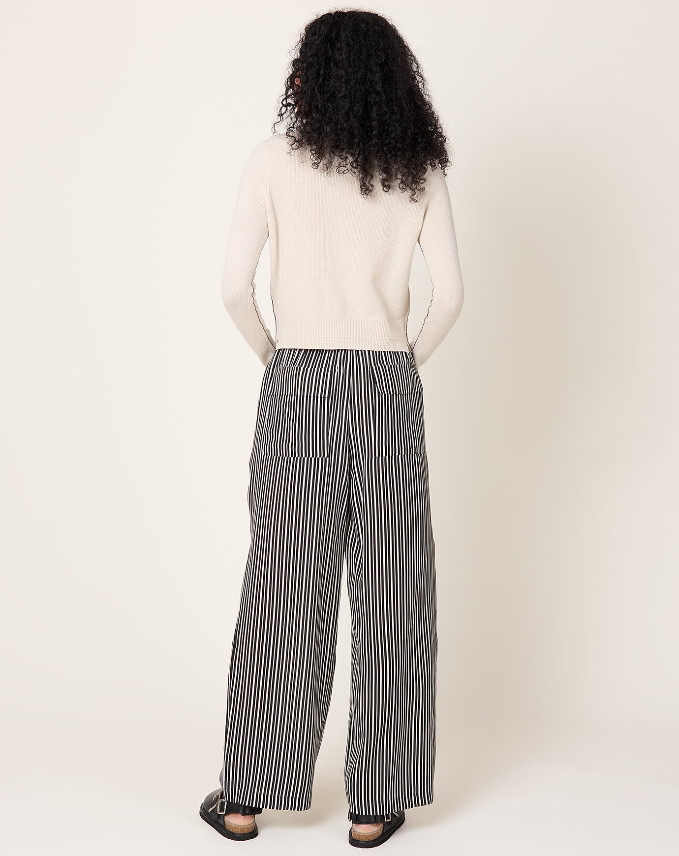 Maria McManus Flap Pocket Pleat Pant in Black & White Awning Stripe