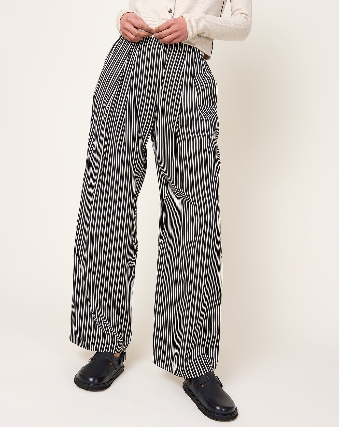 Maria McManus Flap Pocket Pleat Pant in Black & White Awning Stripe