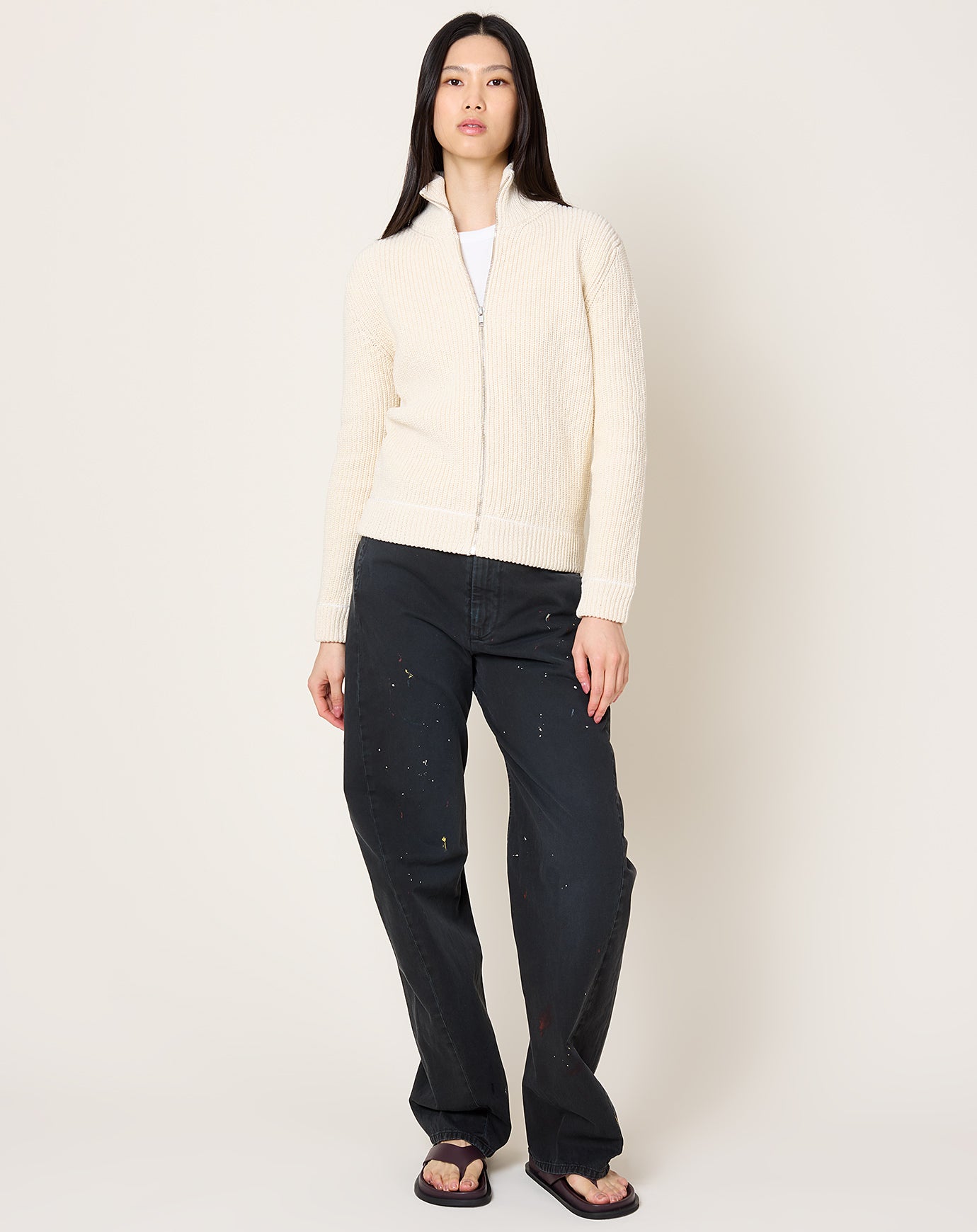 MM6 5 Gauge Ribbed Zip Up in Cream