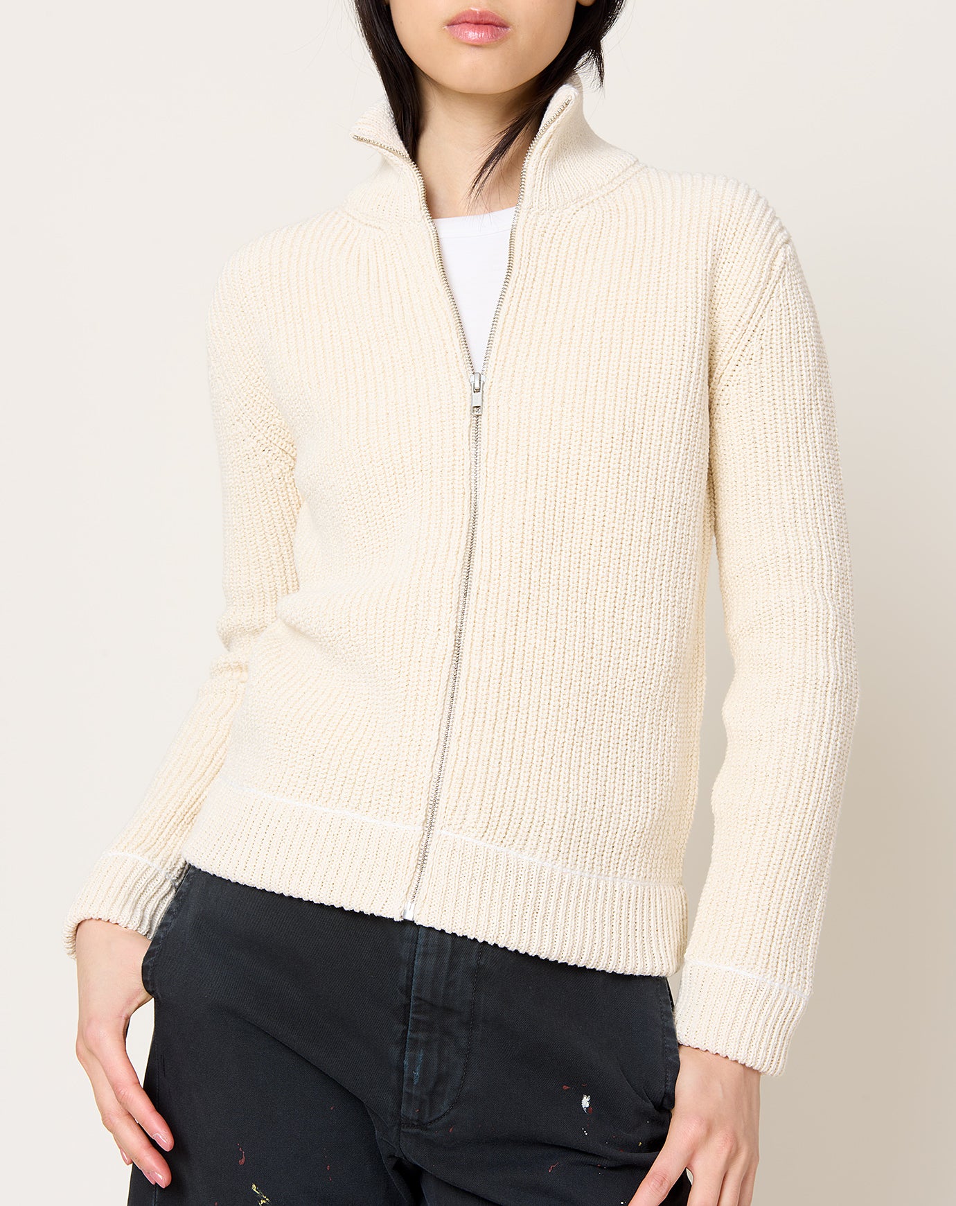 MM6 5 Gauge Ribbed Zip Up in Cream