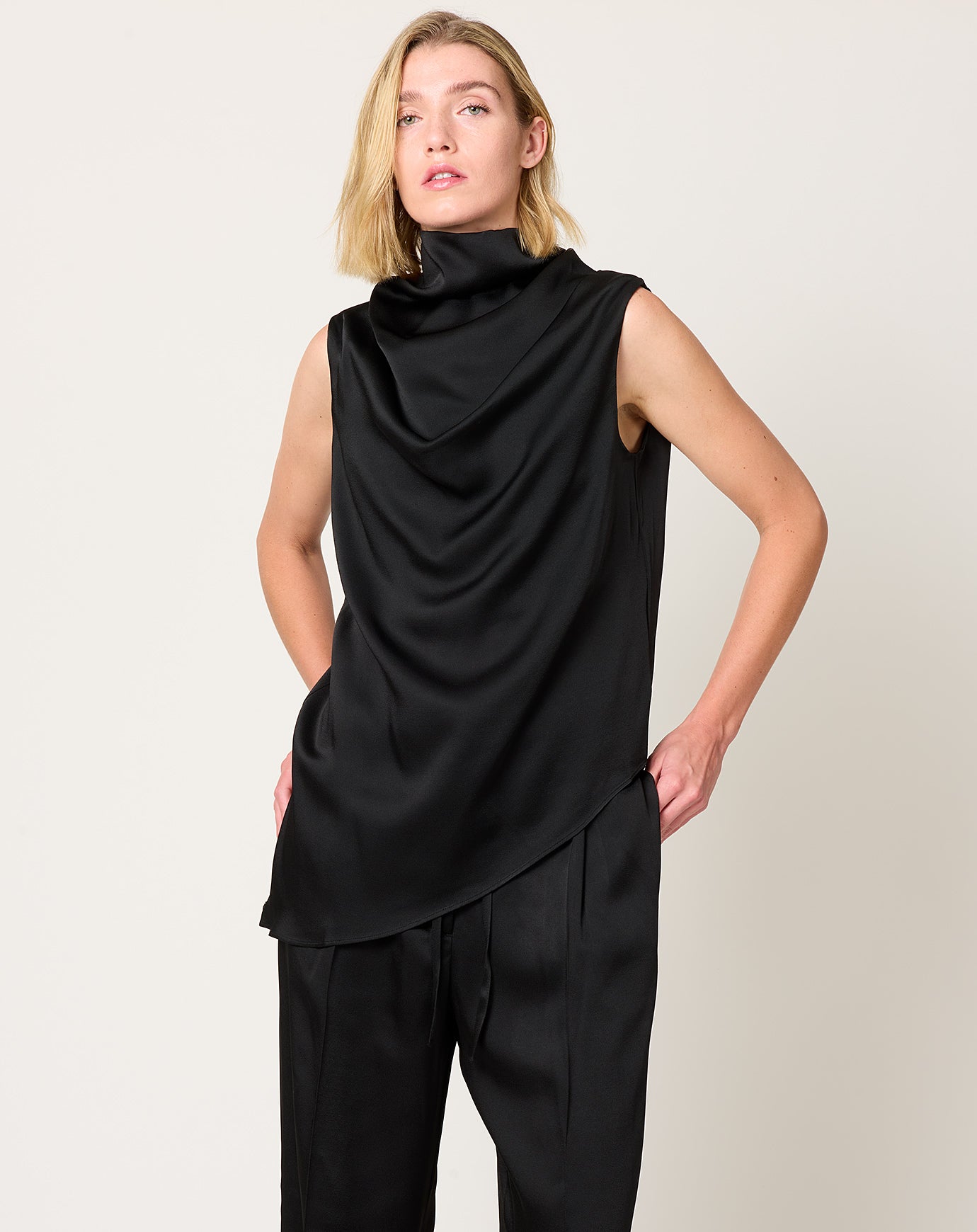 Róhe Sleeveless Draped Satin Top in Black