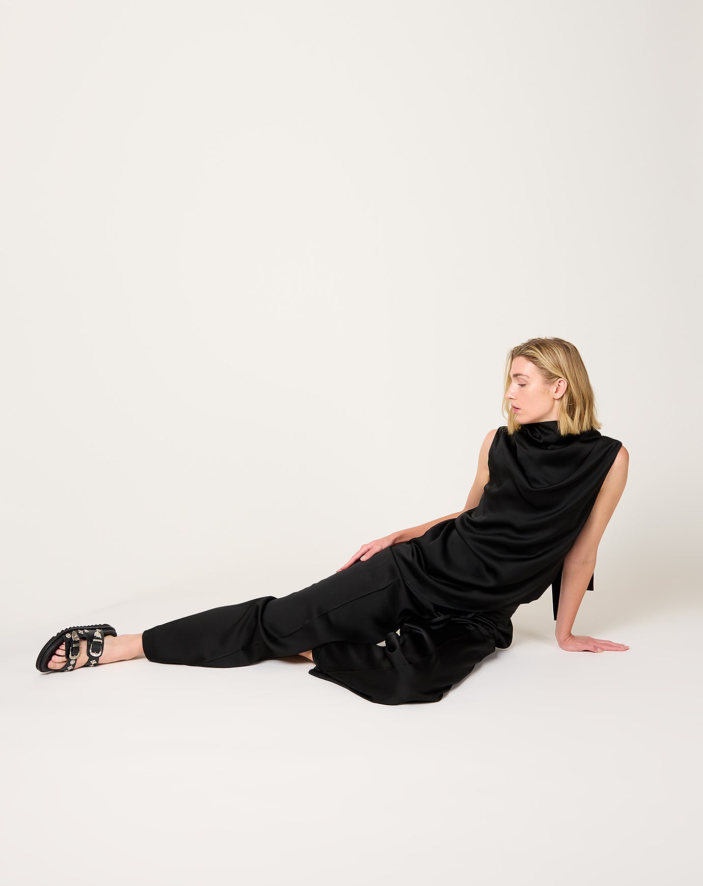 Relaxed Drawstring Satin Trousers in Black