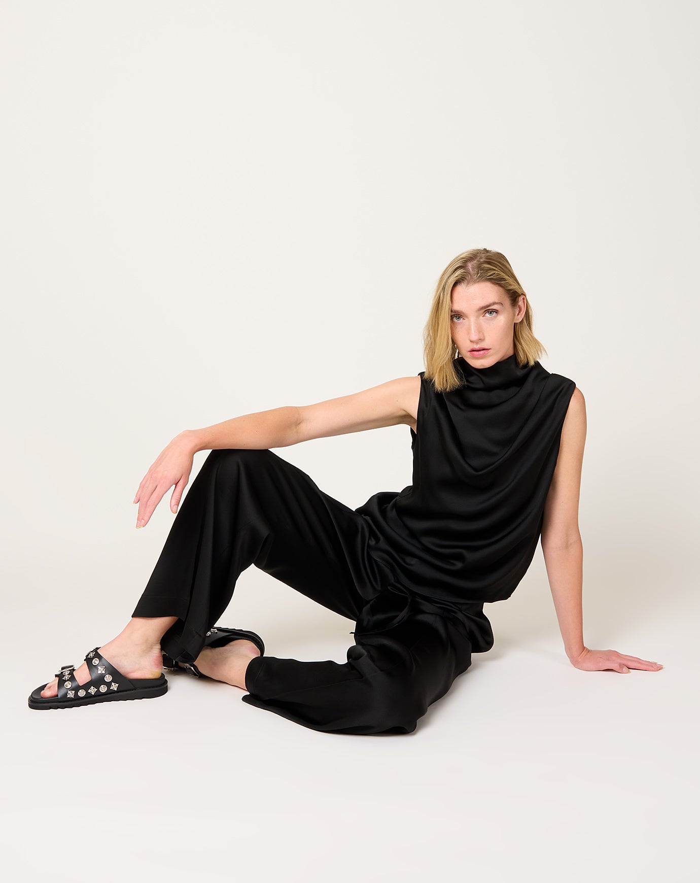Róhe Sleeveless Draped Satin Top in Black