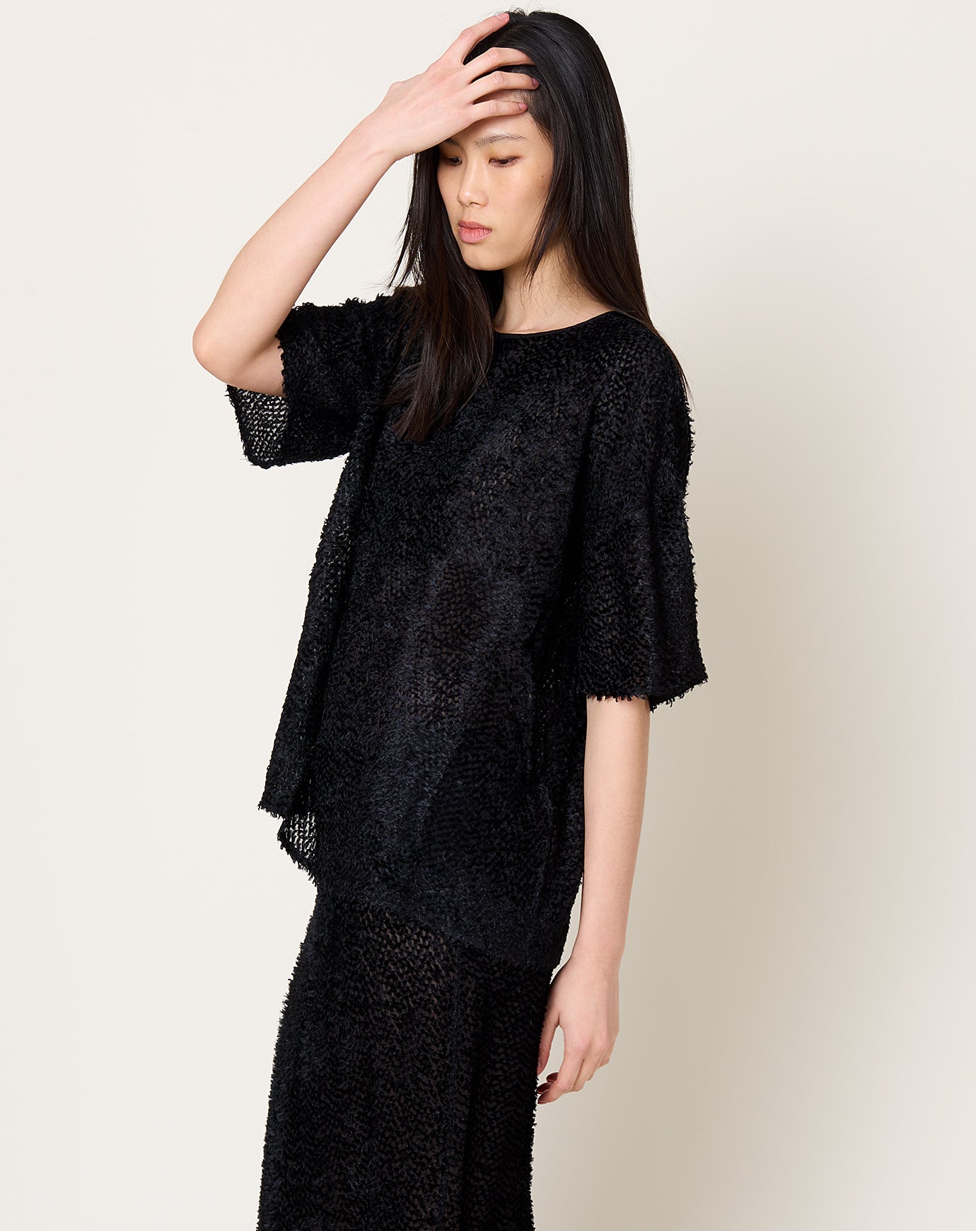 St. Agni Feathered Silk Tee in Black