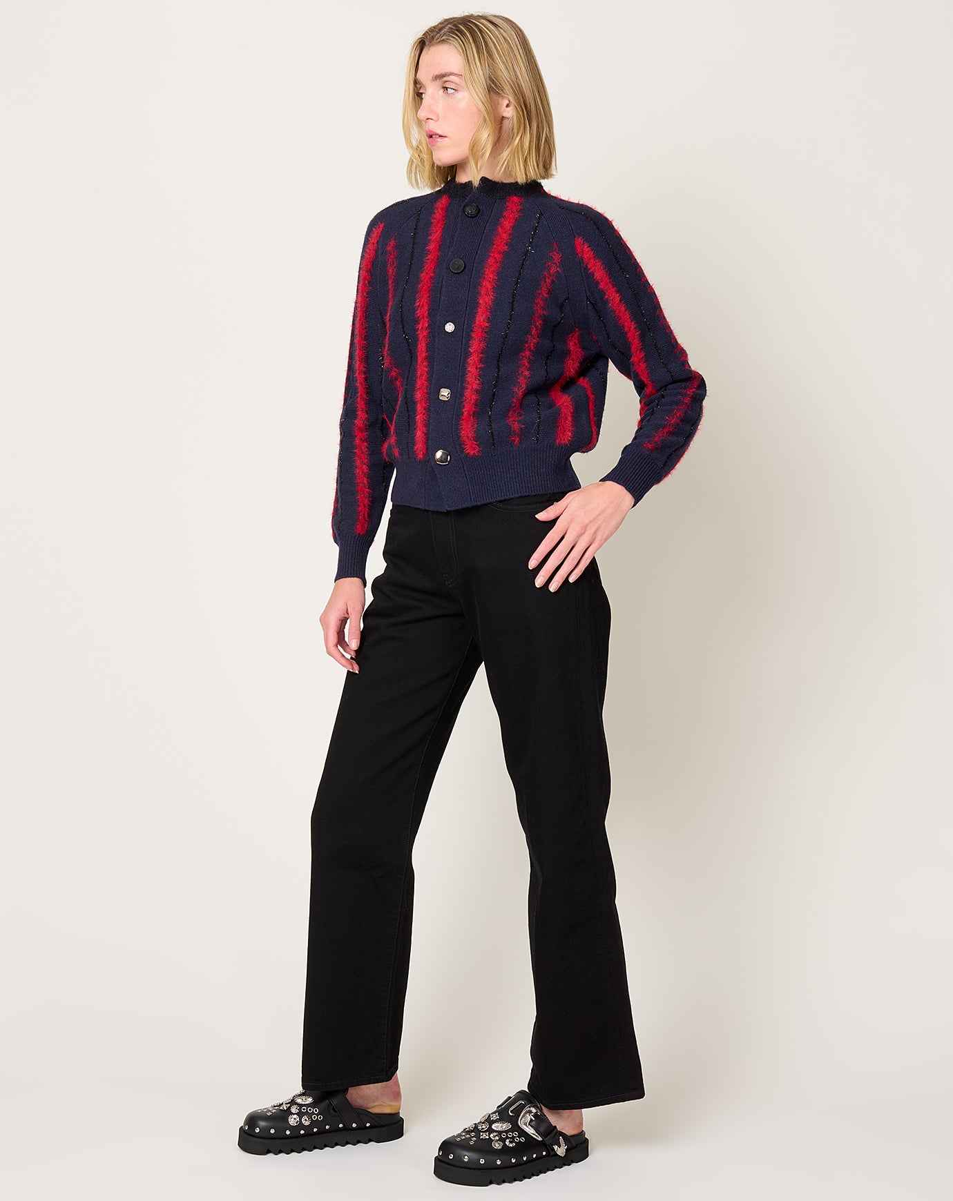 TOGA Archives Stripe Knit Cardigan in Navy