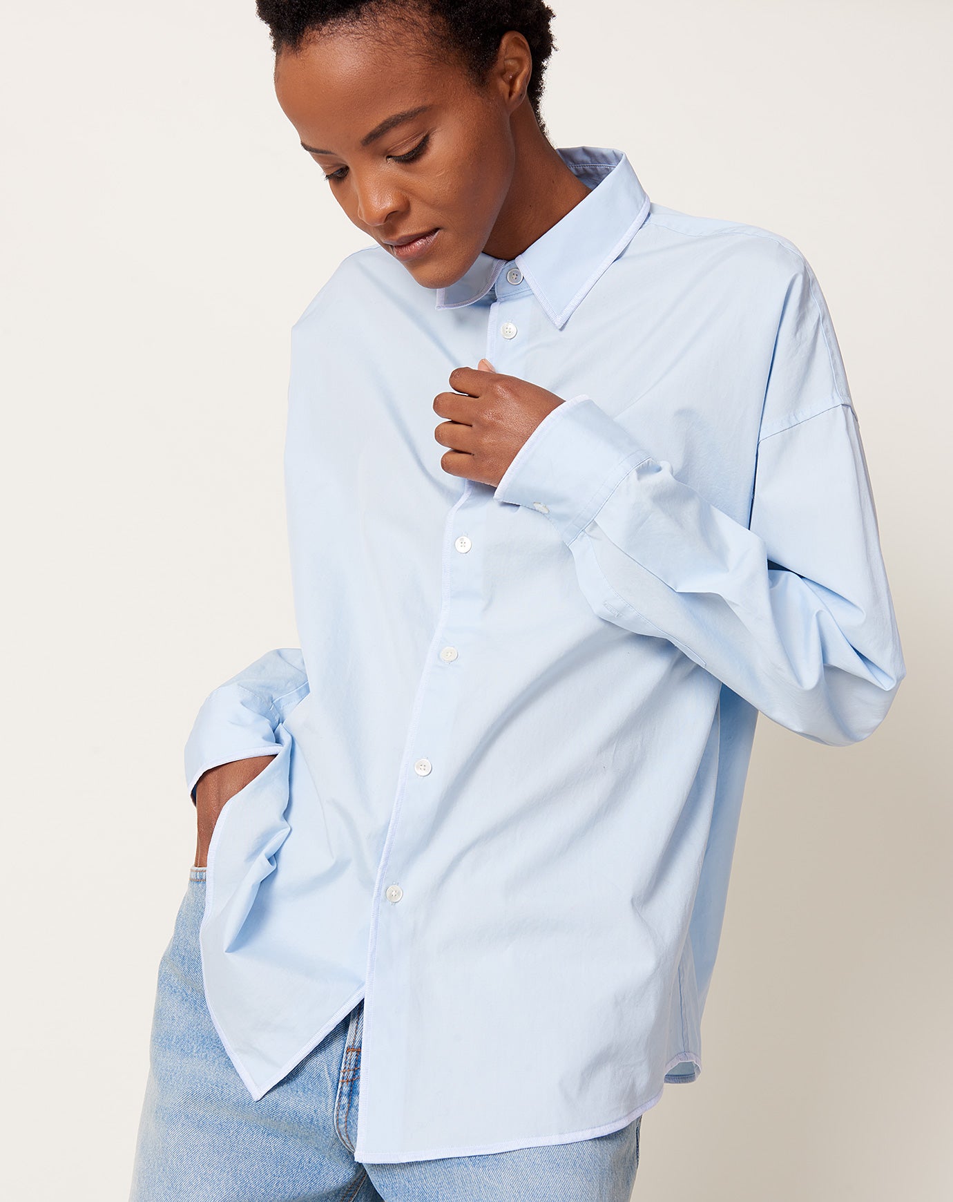 6397 Contrast Overlock Uniform Shirt in Blue & White