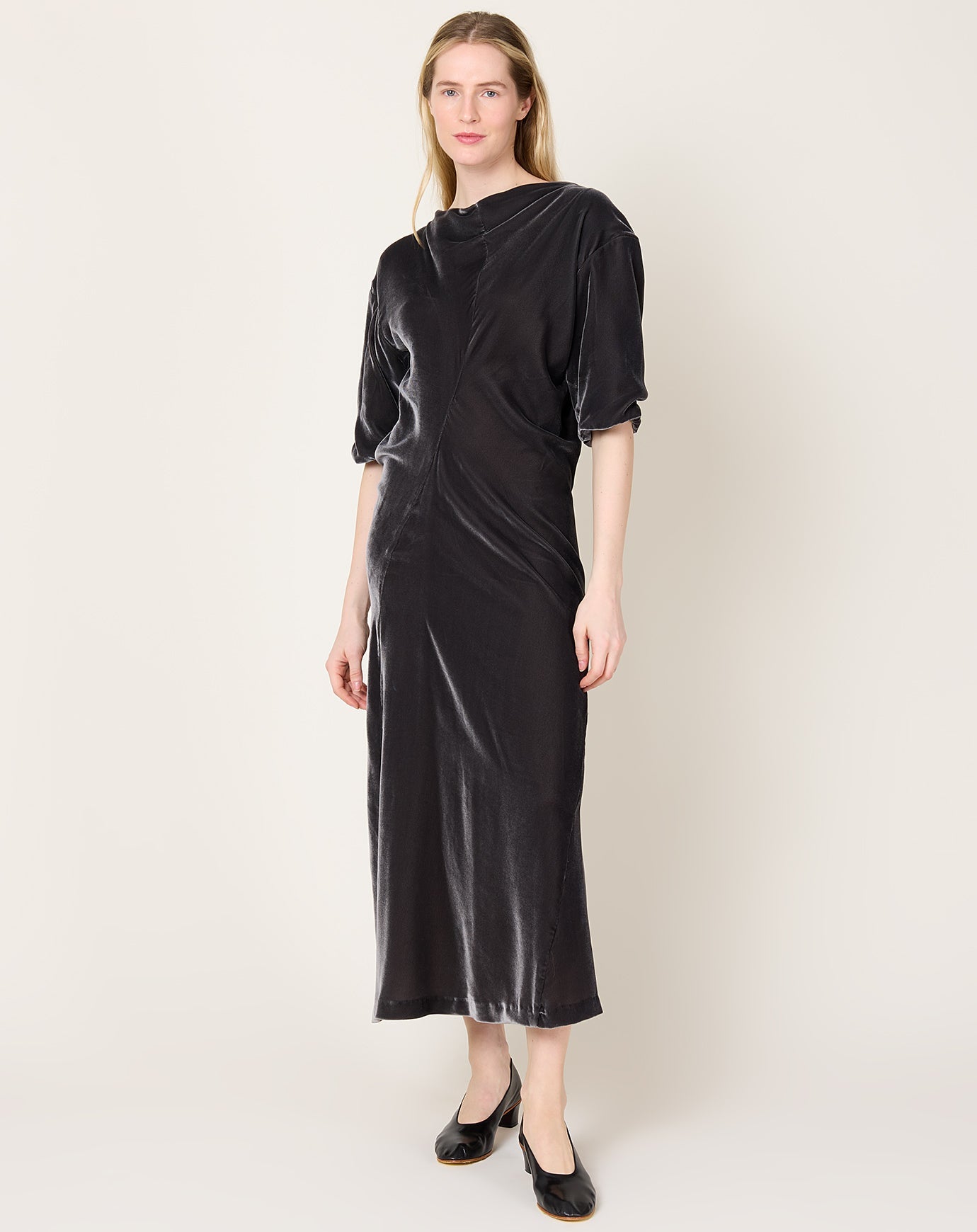 6397 Velvet Asymetrical Drapey Dress in Mercury