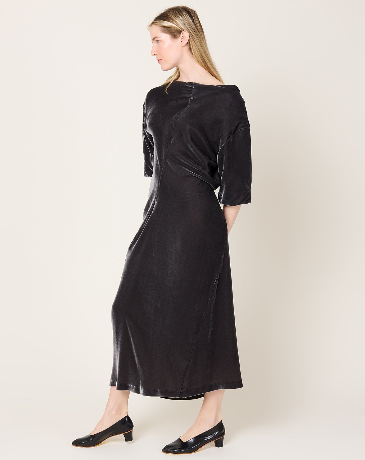 6397 Velvet Asymetrical Drapey Dress in Mercury