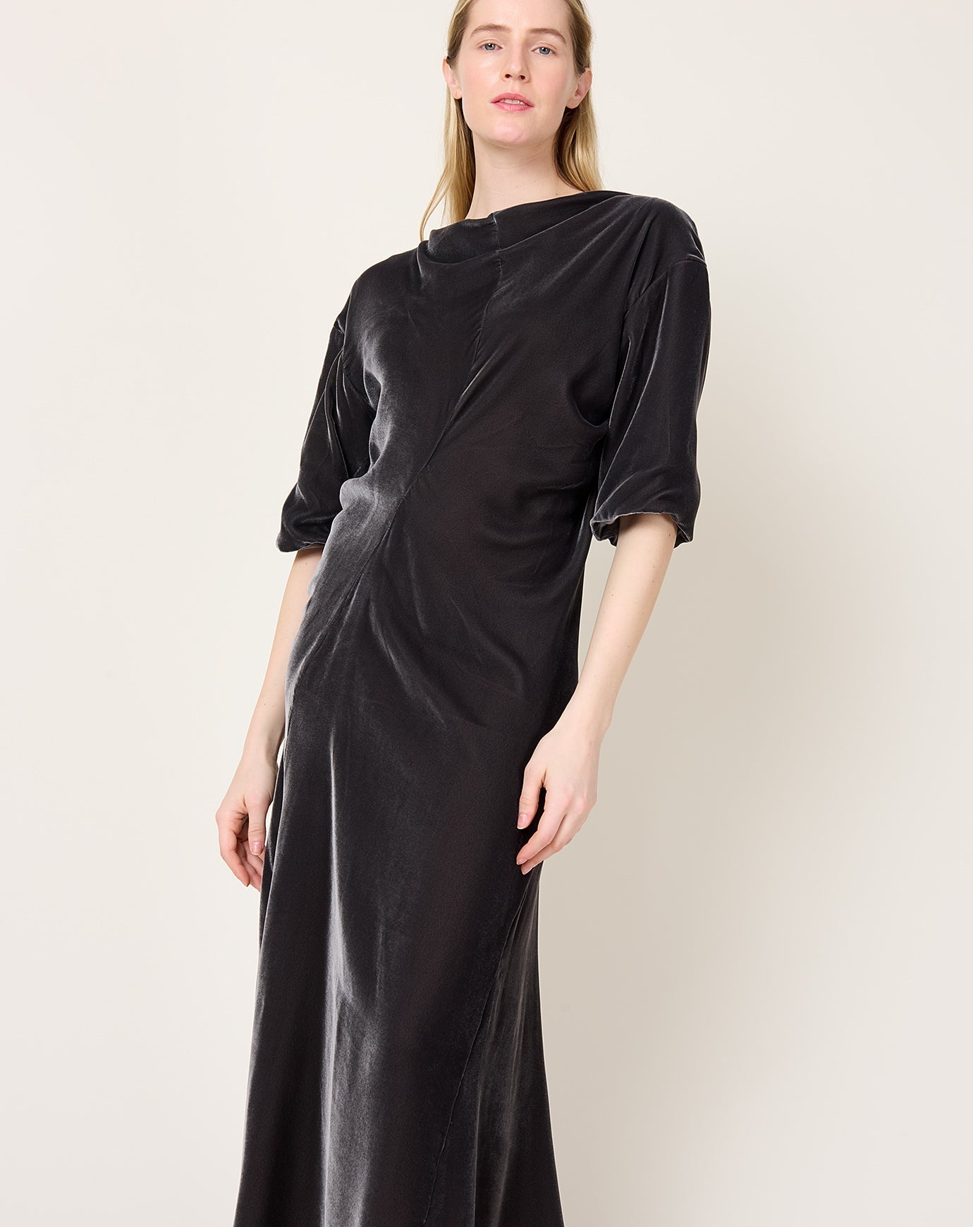 6397 Velvet Asymetrical Drapey Dress in Mercury