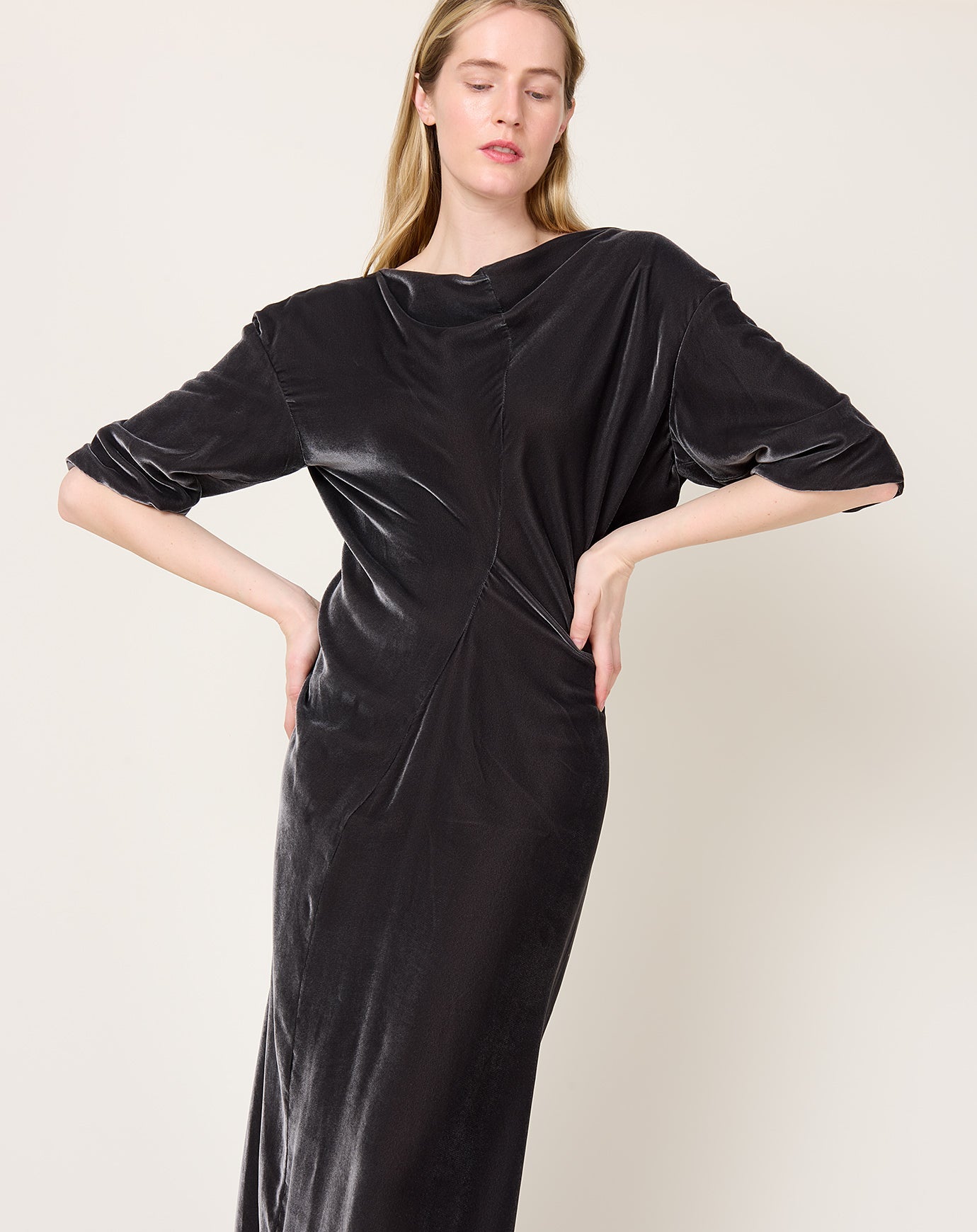 6397 Velvet Asymetrical Drapey Dress in Mercury