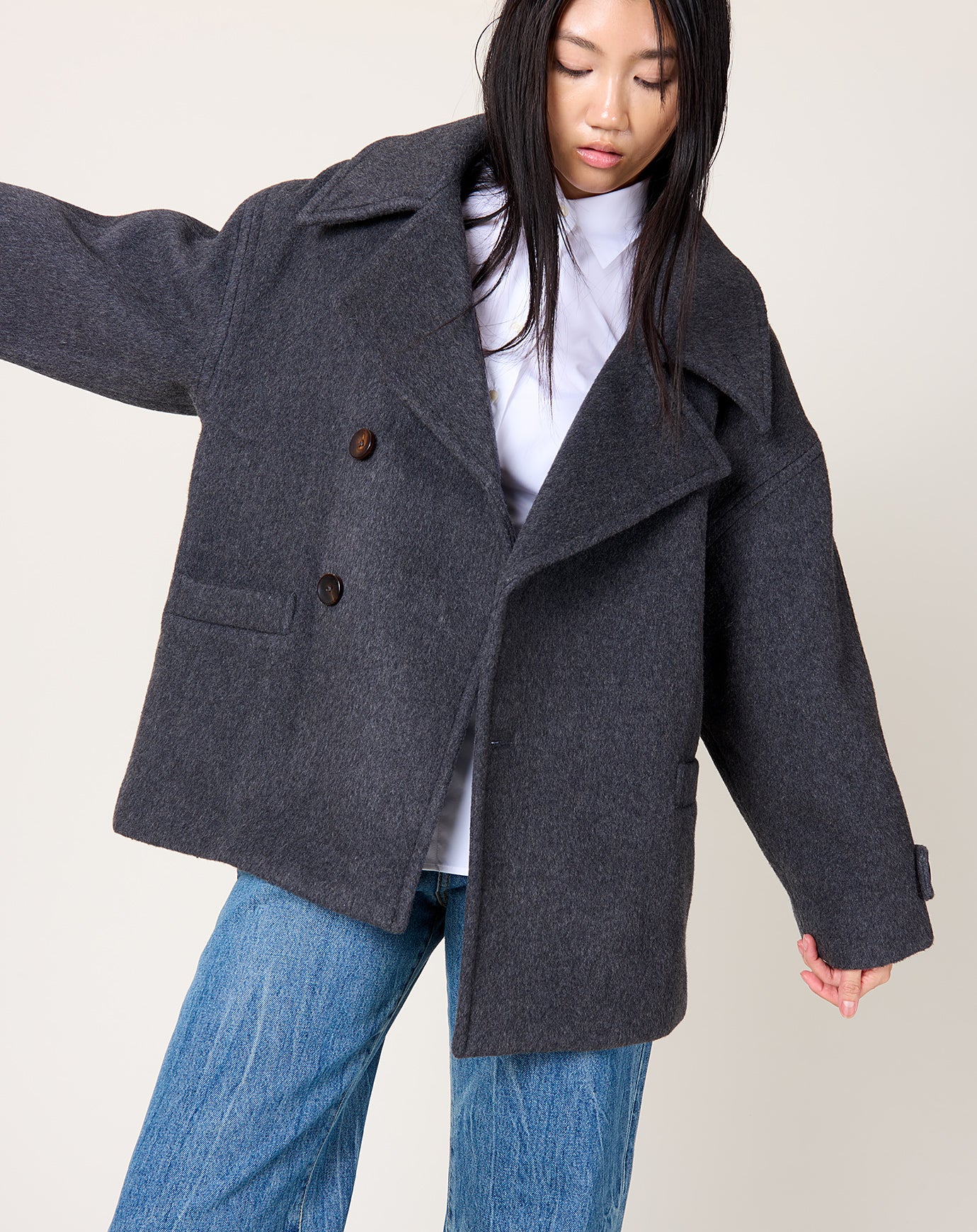 7115 by Szeki Double Breasted Short Wool Coat in Charcoal