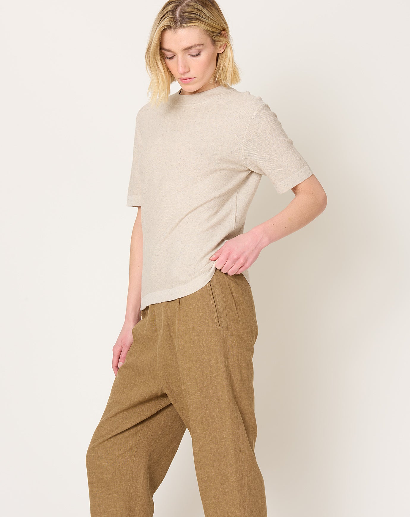 7115 by Szeki Fine Knit Tee in Speckle Beige
