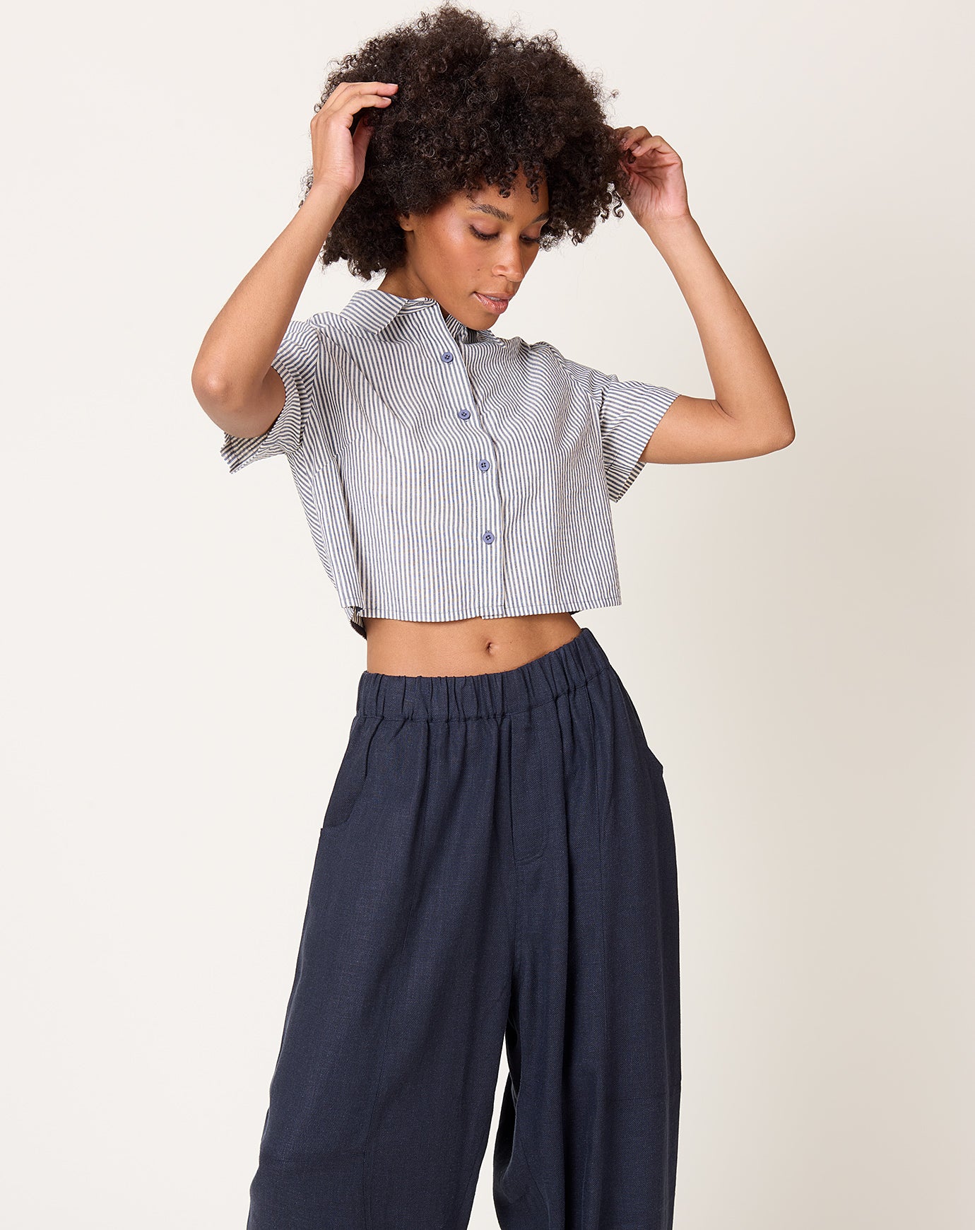 7115 by Szeki Striped Cropped Shirt in Navy