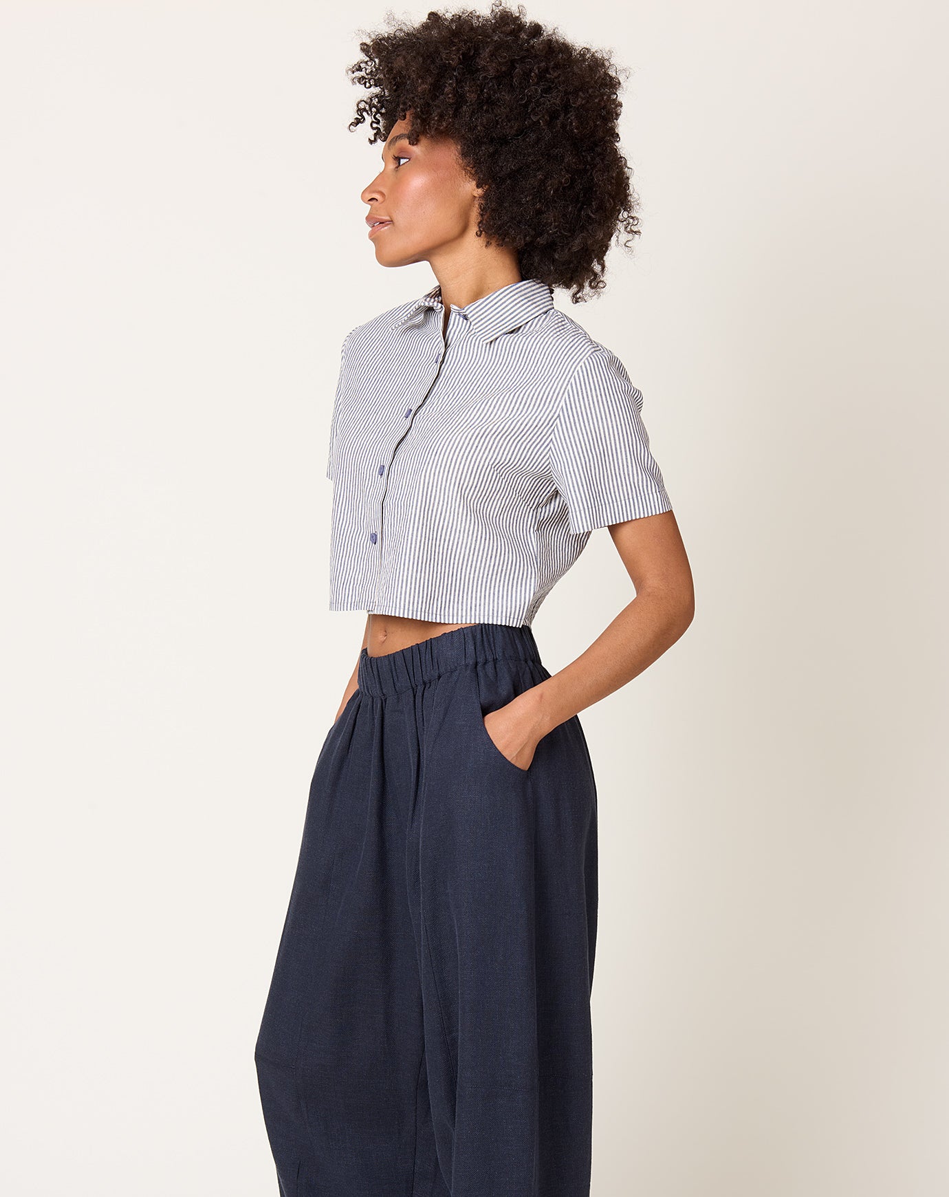 7115 by Szeki Striped Cropped Shirt in Navy