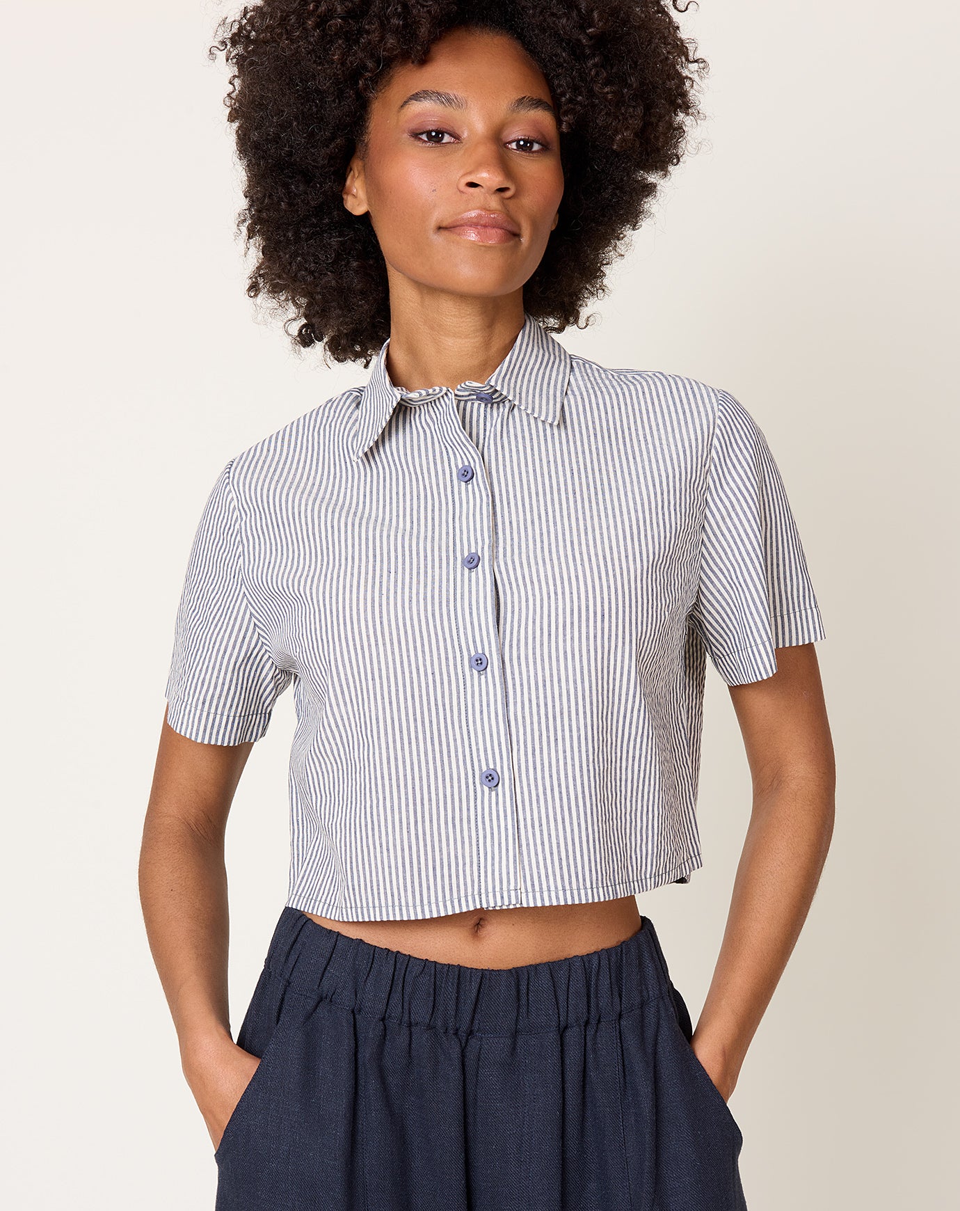 7115 by Szeki Striped Cropped Shirt in Navy