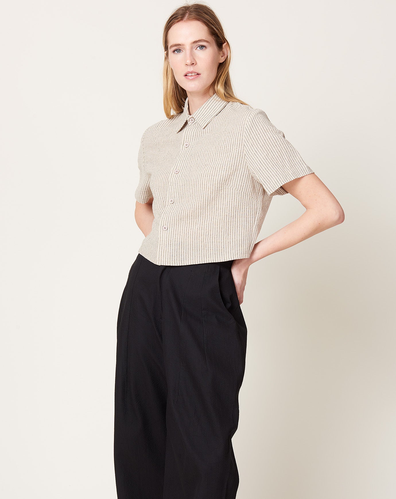 7115 by Szeki Striped Short Sleeves Cropped in Light Stripes