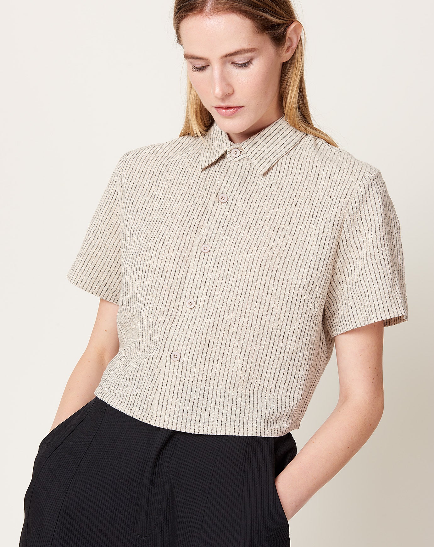 7115 by Szeki Striped Short Sleeves Cropped in Light Stripes